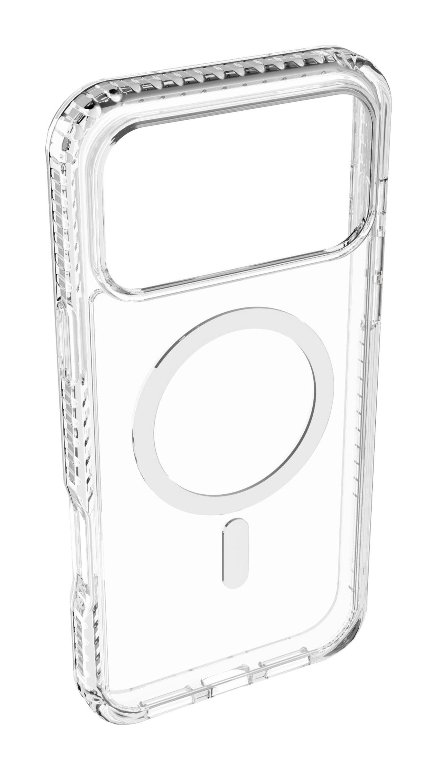 Eine transparente Handyhülle mit kreisförmiger Vertiefung und einem kleinen Balken. Die Hülle ist transparent.