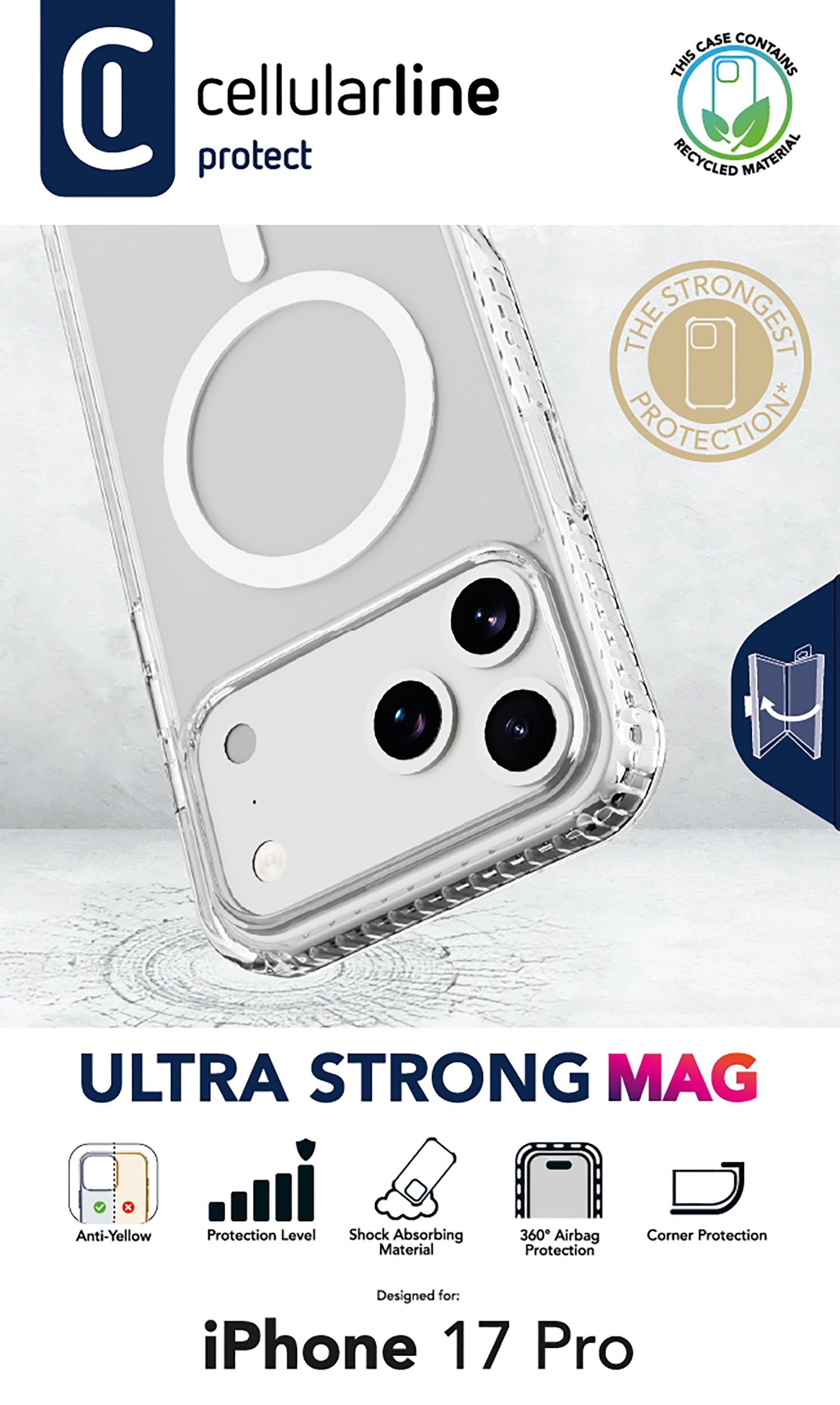 Transparente Handyhülle mit weißem Ring, iPhone 17 Pro. Text: Ultra Strong Mag, Anti-Gelb, Schutzlevel und recyceltes Material.