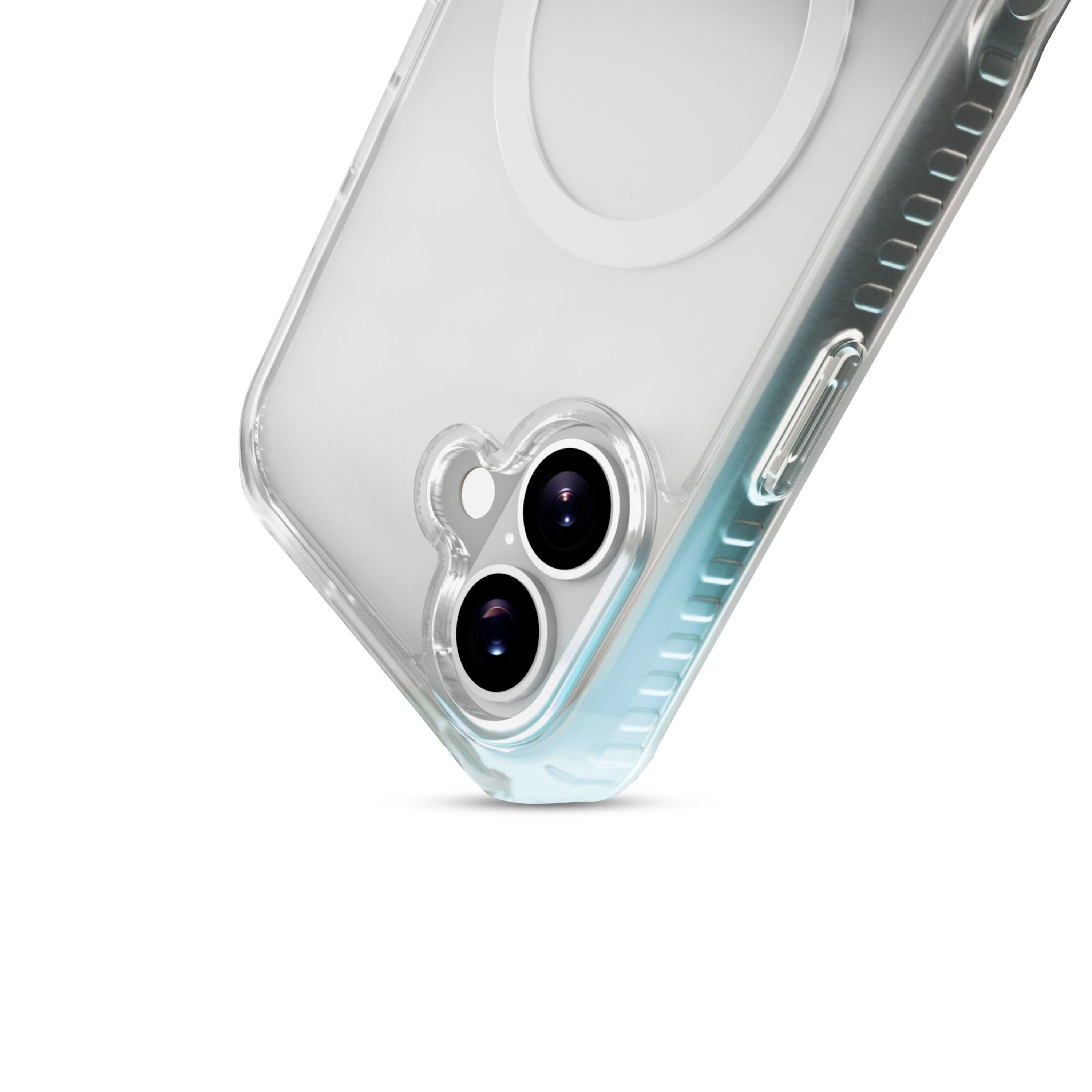 Eine transparente Handyhülle mit Kameraausschnitt und MagSafe-Ring. Die Hülle hat einen blauen Farbverlauf.