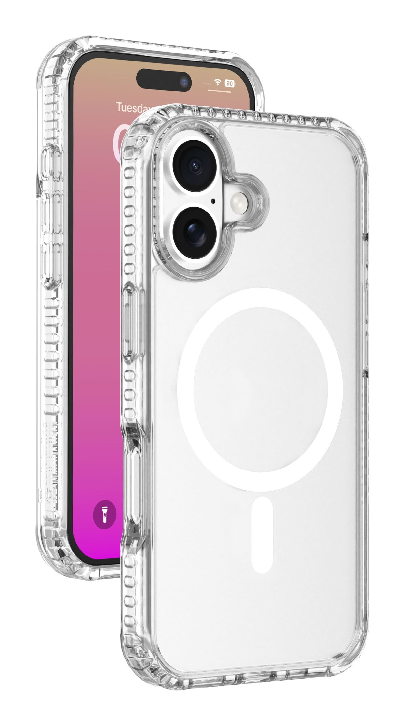 Zwei Smartphones, eines in einer durchsichtigen Hülle. Auf dem Telefon wird Dienstag mit rosa Hintergrund angezeigt.