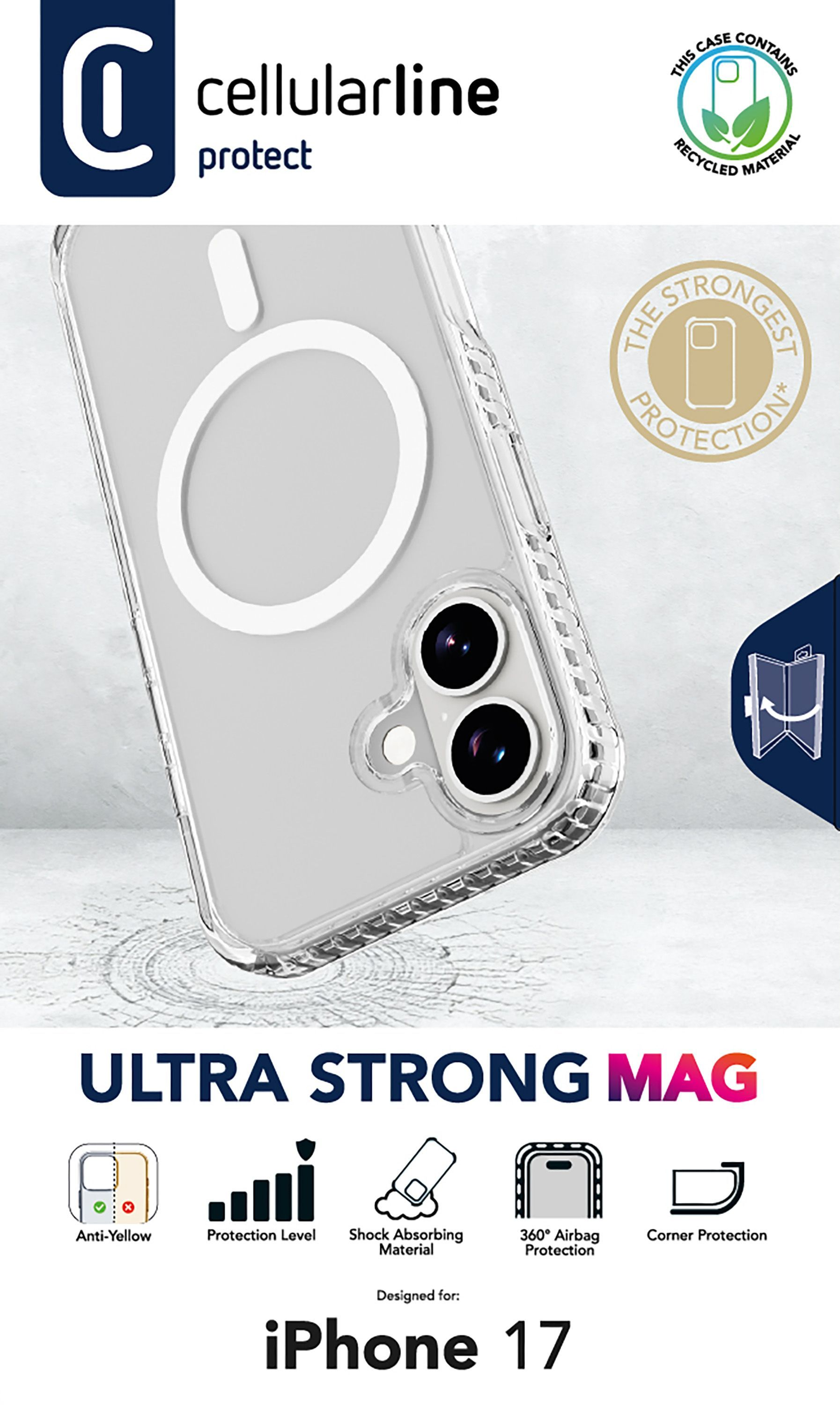 Transparente iPhone-Hülle mit Mag-Ring. Merkmale: Anti-Gelb, Stoßdämpfung, Eckenschutz. Für iPhone 17.
