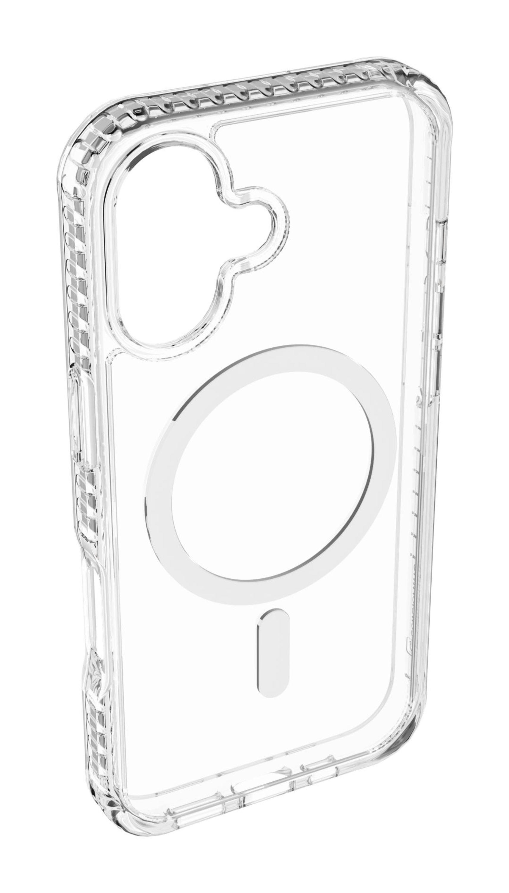 Transparente Handyhülle mit MagSafe-Ring und Kameraausschnitt. Sie ist transparent und zeigt die Rückseite des Telefons.