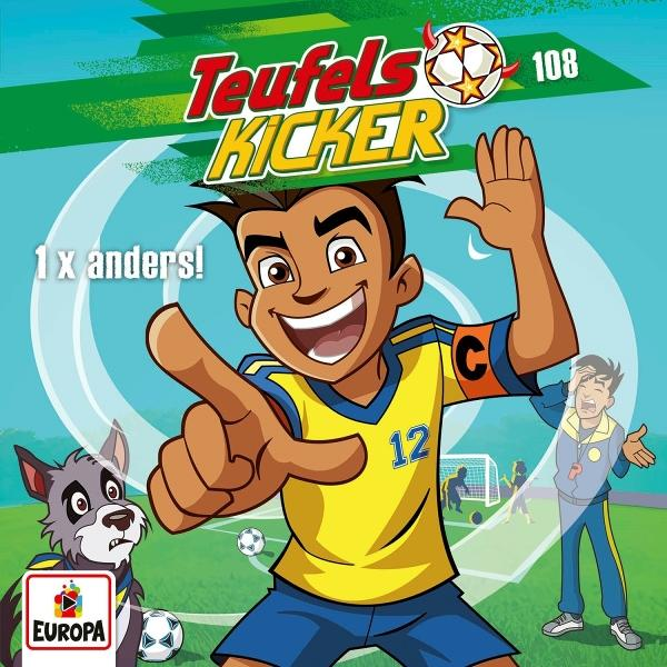 Ein Cartoon-Bild eines Fußballspielers mit einem Hund. Der Spieler trägt ein gelbes und blaues Trikot. Ein Trainer und ein Fußballfeld sind im Hintergrund.