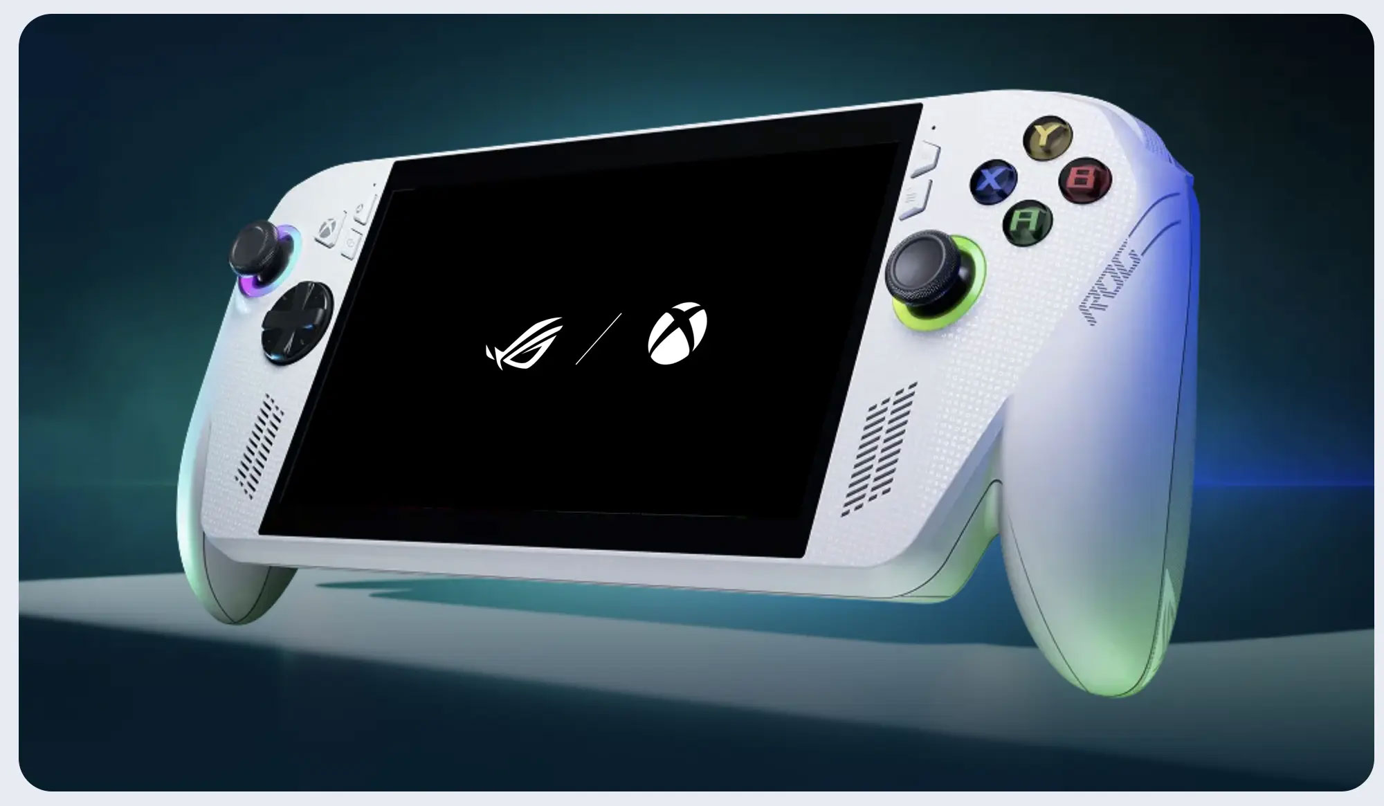 Biała konsola do gier przenośna z czarnym ekranem wyświetlającym logo. Posiada przyciski, joysticki i elegancki design, oraz ciemne tło.