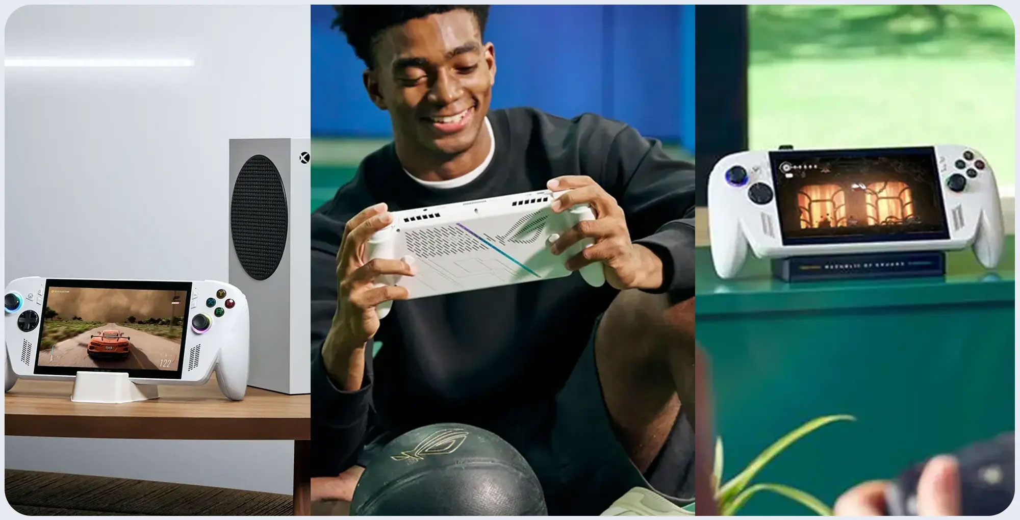 Zdjęcie przedstawia mężczyznę trzymającego białe urządzenie do gier przenośnych. W tle widać konsolę do gier i urządzenie do gier przenośnych.