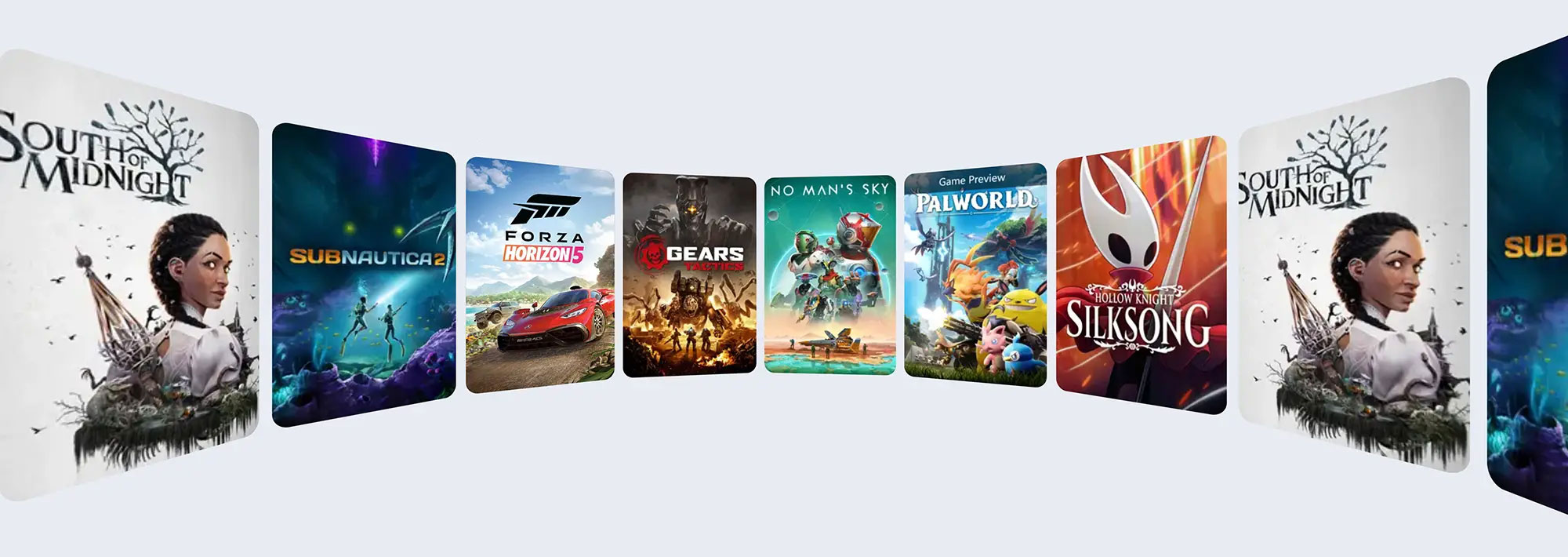 Okładki gier Subnautica 2, Forza Horizon 5, Gears Tactics, No Man's Sky, Palworld, Hollow Knight i South of Midnight.