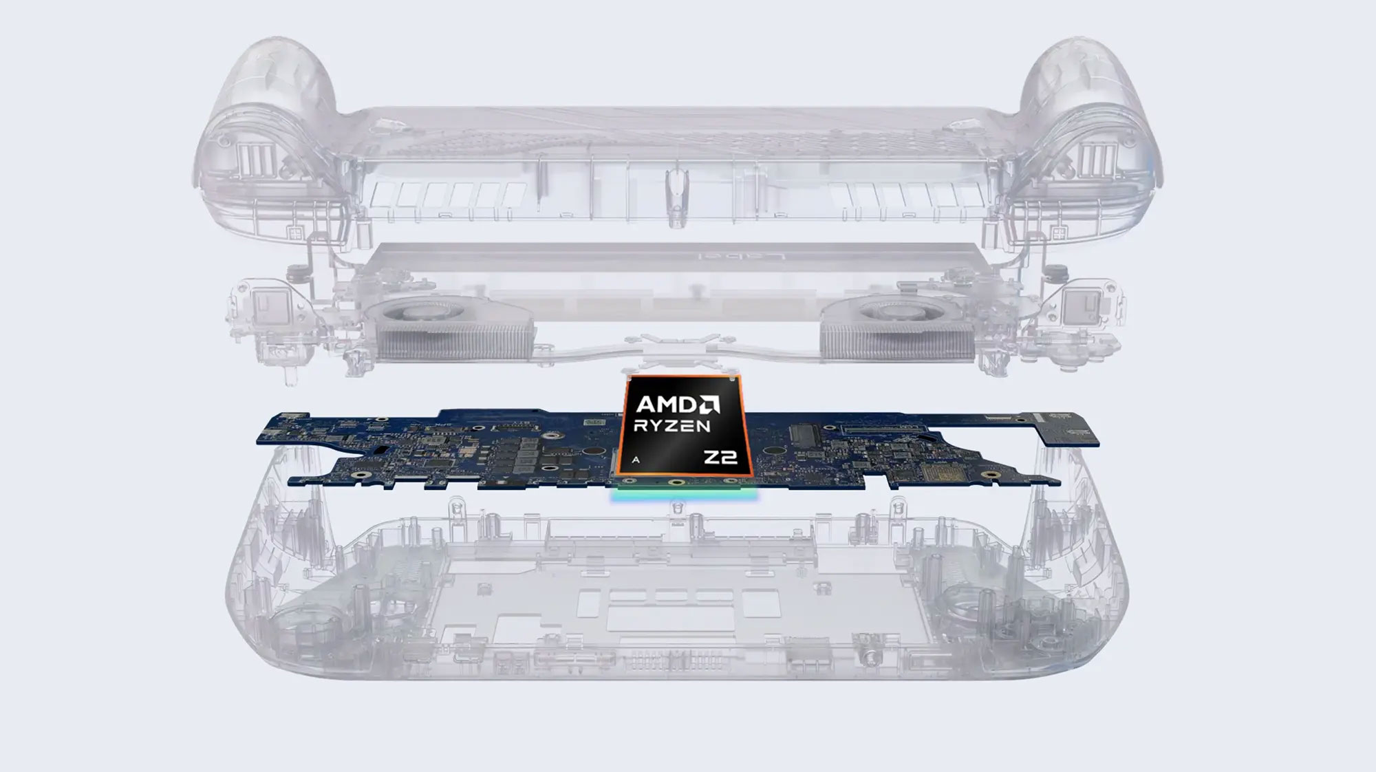 Widok rozłożony urządzenia przenośnego pokazujący elementy wewnętrzne, w tym płytkę obwodu drukowanego z procesorem AMD Ryzen Z2.