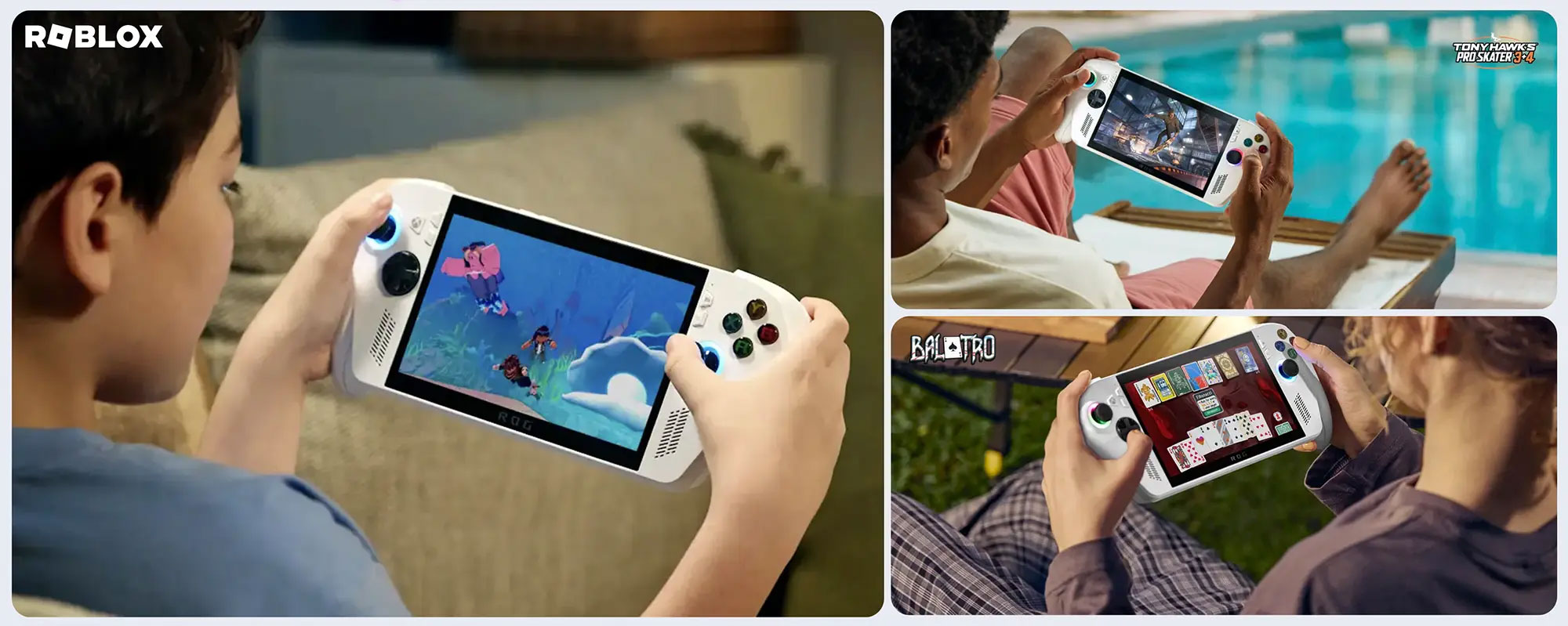 Osoba trzyma białe urządzenie do gier przenośnych, grając w ROBLOX, Tony Hawk i grę karcianą. Inne osoby są w tle.