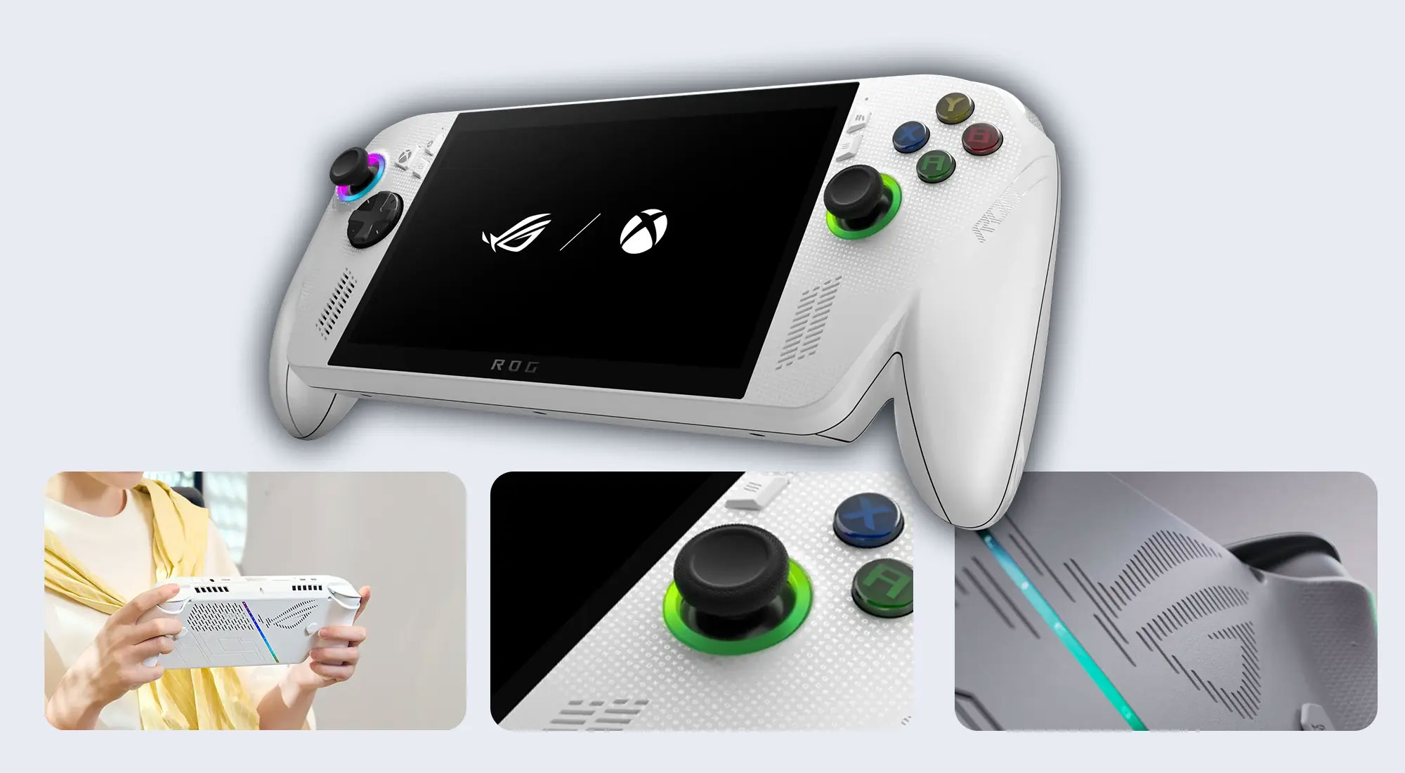 Biała konsola do gier przenośnych z czarnym ekranem. Widoczne przyciski i joysticki. Logo ROG i Xbox na ekranie.