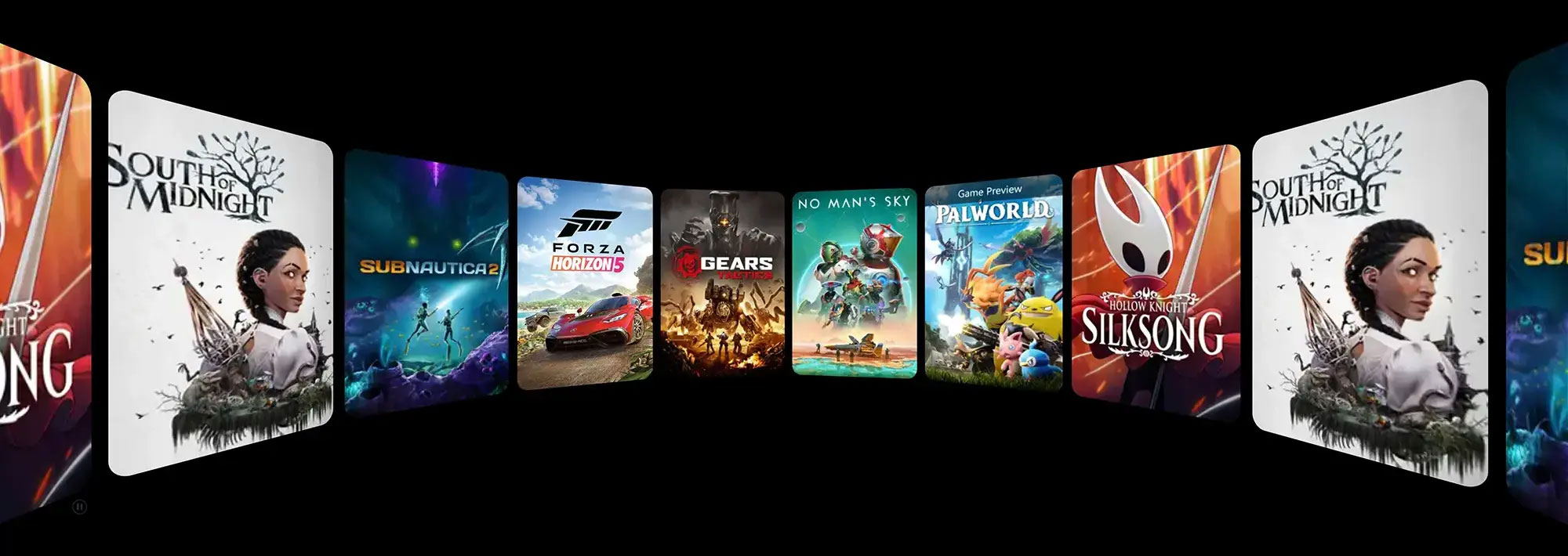 Obraz przedstawia okładki gier: 'South of Midnight', 'Subnautica 2', 'Forza Horizon 5', 'Gears Tactics', 'No Man's Sky', 'Palworld' i 'Silksong'.