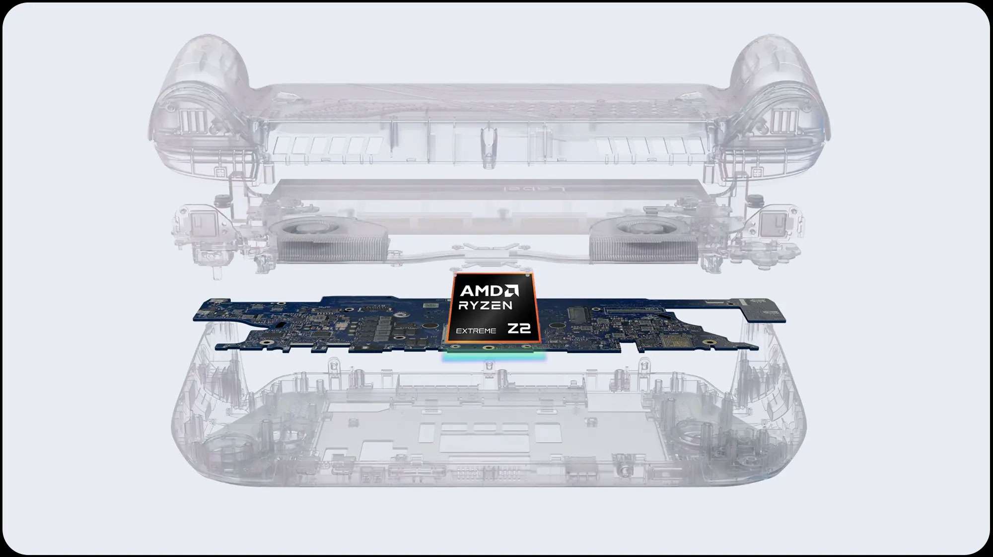 Widok rozłożony przenośnego urządzenia do gier przedstawiający komponenty wewnętrzne, w tym płytę obwodu z AMD Ryzen Z2 Extreme.