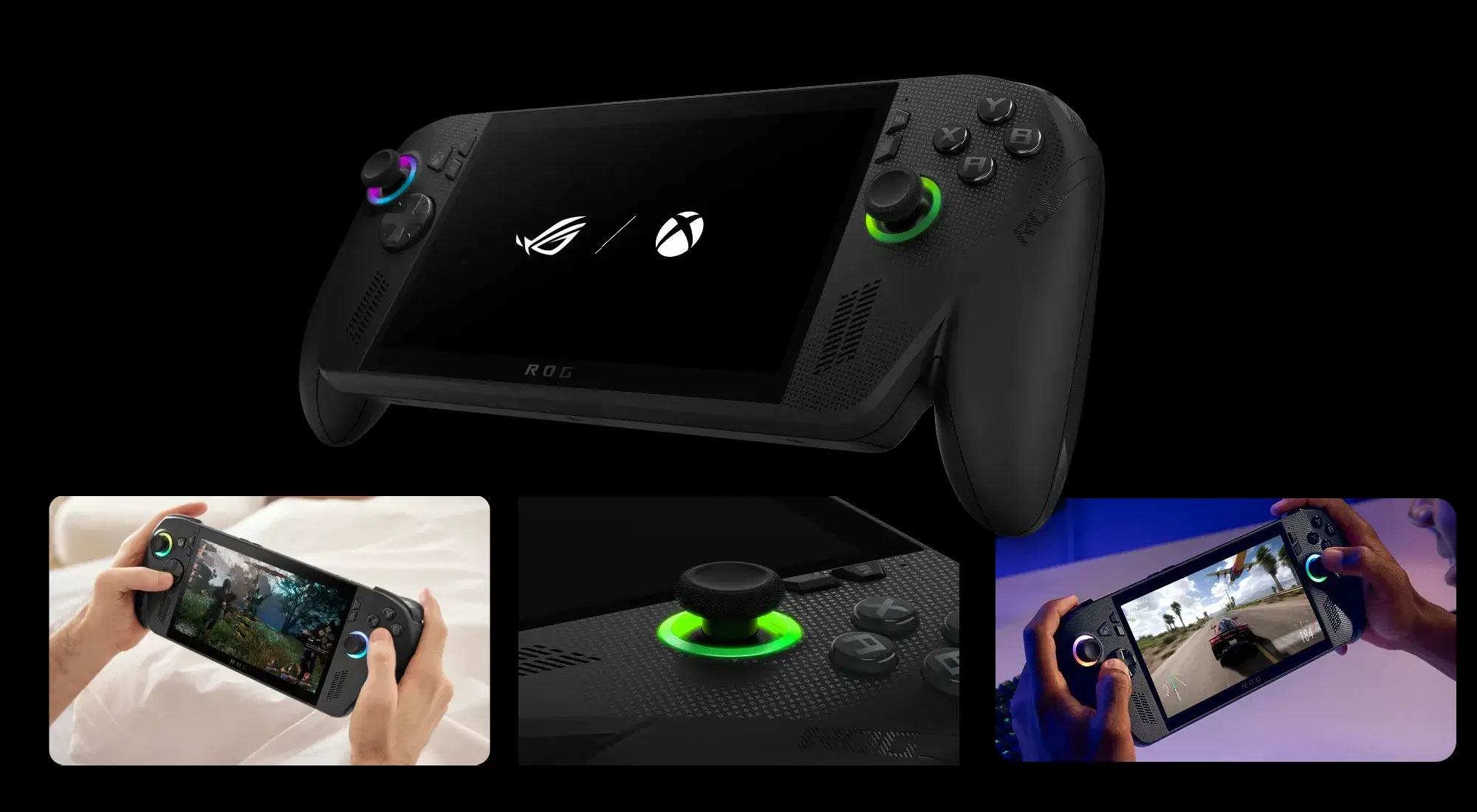 Czarna przenośna konsola do gier z podświetlanymi elementami sterowania, logo ROG i Xbox na ekranie oraz trzema mniejszymi zdjęciami.