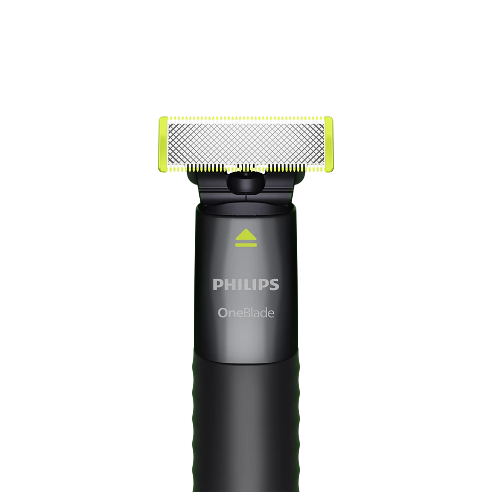 Ein elektrischer Philips OneBlade Rasierer. Die Oberseite hat eine gelbe Klinge. Der Griff ist schwarz mit dem Philips-Logo.