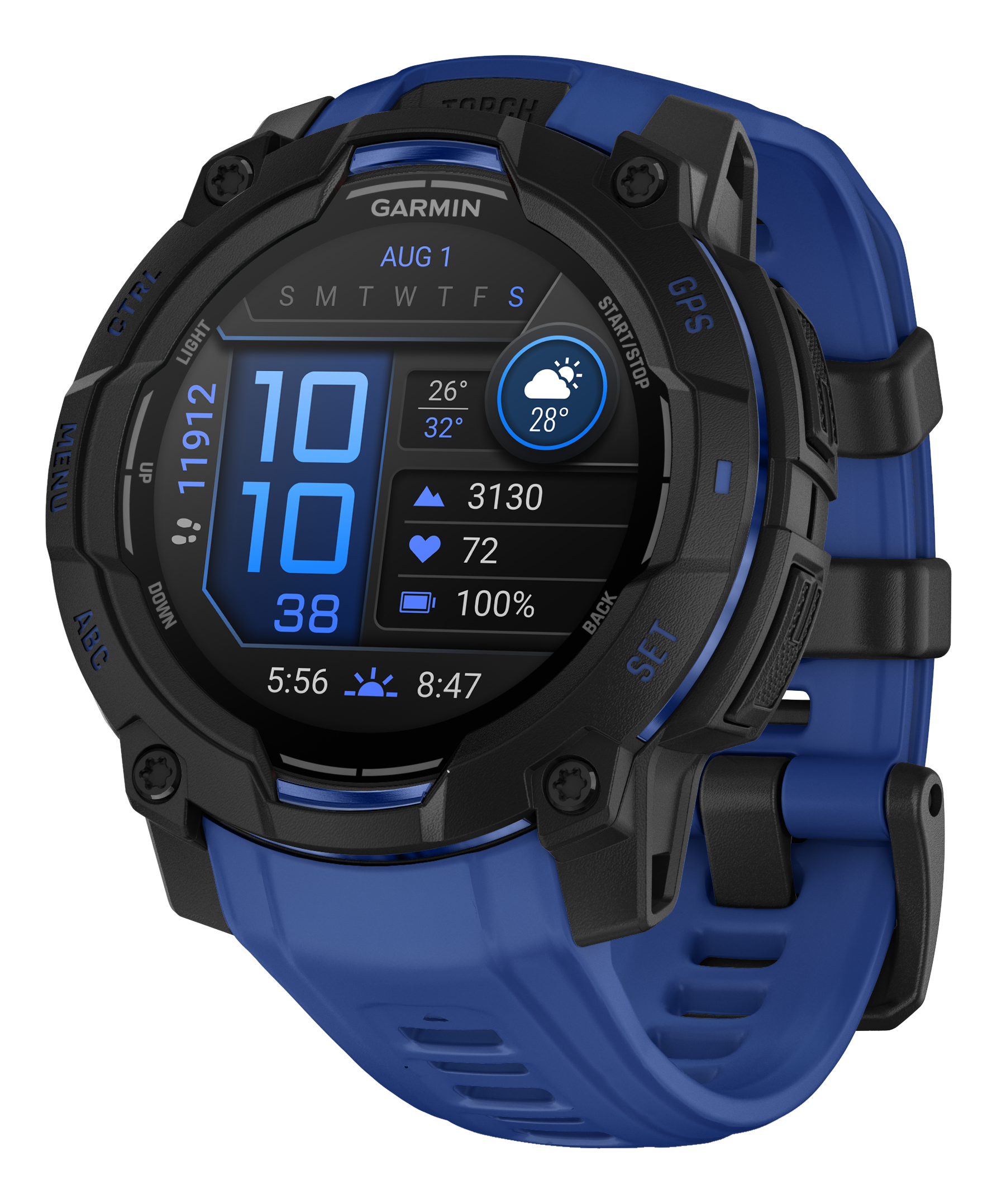 Une montre intelligente Garmin avec bracelet bleu et lunette noire affiche l'heure, la date, la météo et les données de santé.