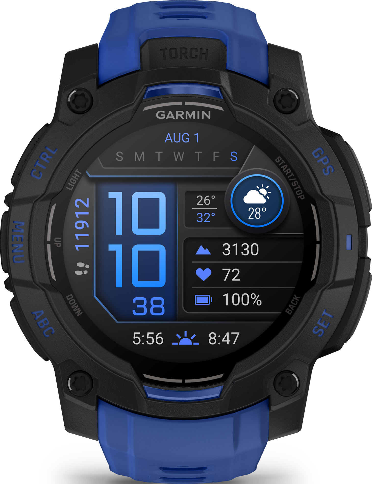 Une montre intelligente Garmin noire et bleue affiche l'heure, la date, la météo, les pas, la fréquence cardiaque et le niveau de batterie.