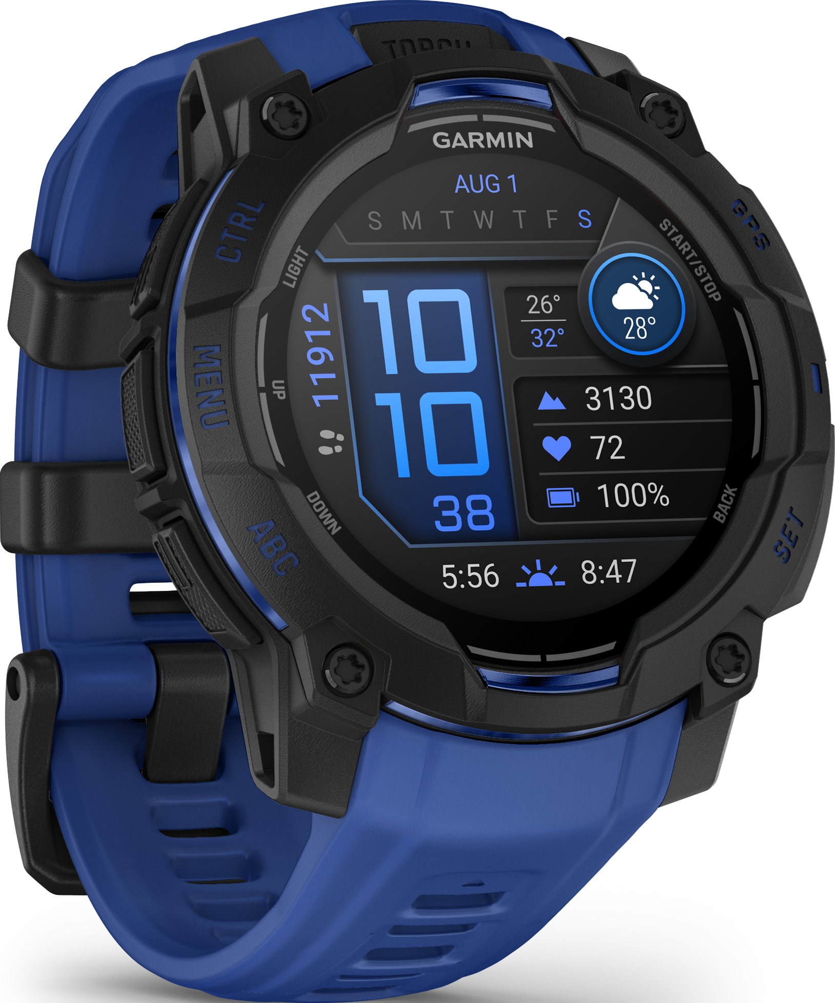 Une montre intelligente Garmin avec un bracelet bleu et une lunette noire. L'écran affiche l'heure, la date, la météo et les données de santé.
