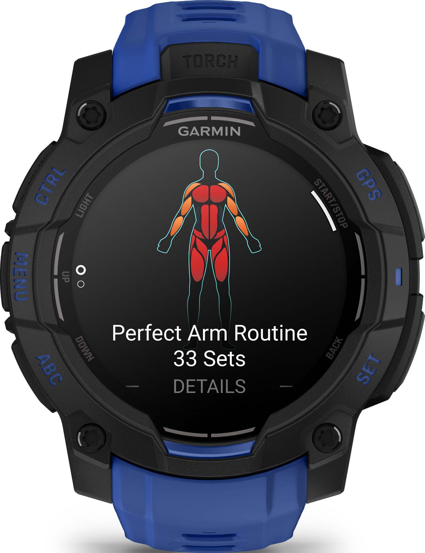 Montre Garmin affichant une routine d'entraînement. L'écran montre un schéma corporel avec des muscles en surbrillance. Le texte indique 'Perfect Arm Routine 33 Sets'.