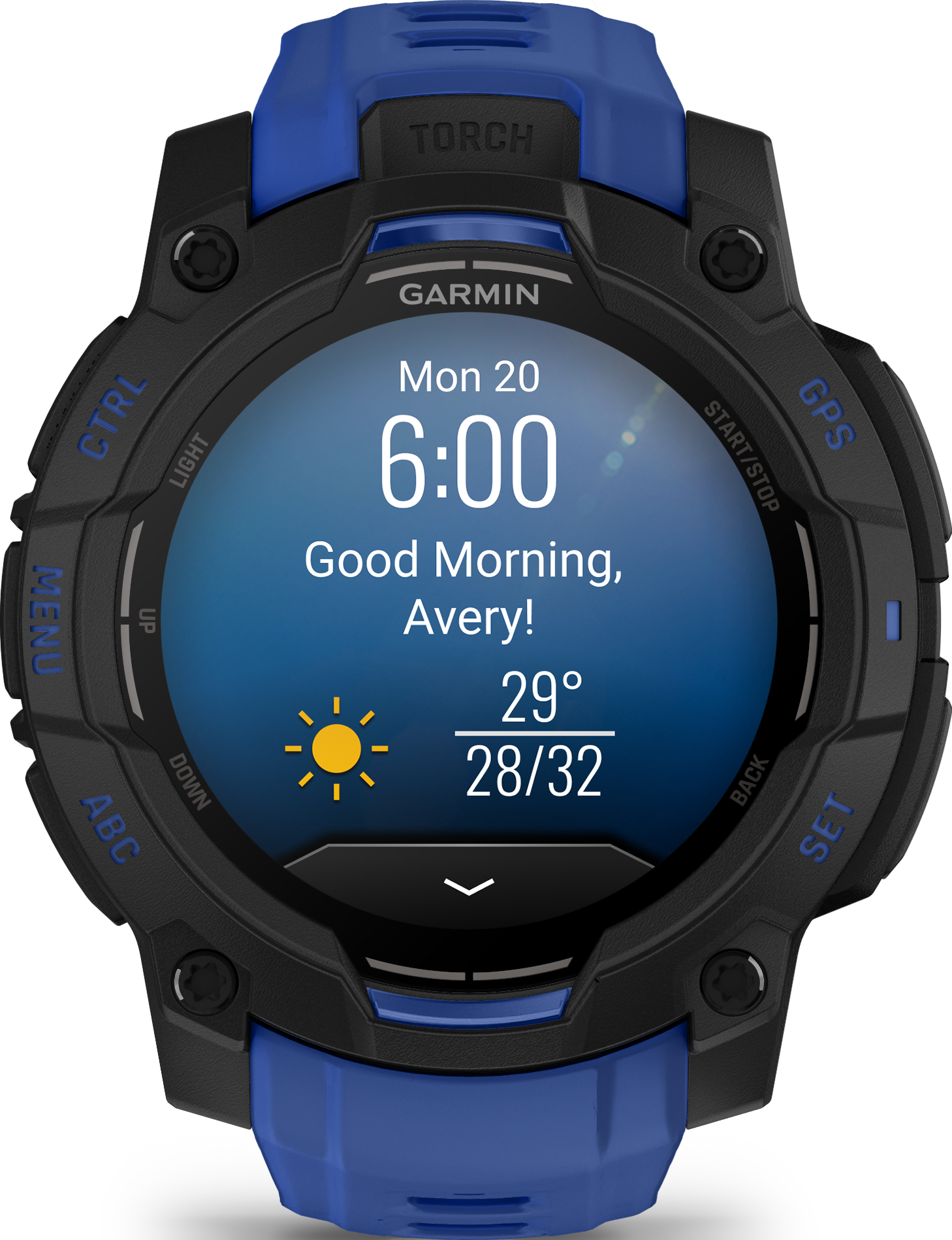 Une montre Garmin noire et bleue affiche l'heure, la météo et 'Bonjour, Avery!' sur son écran.