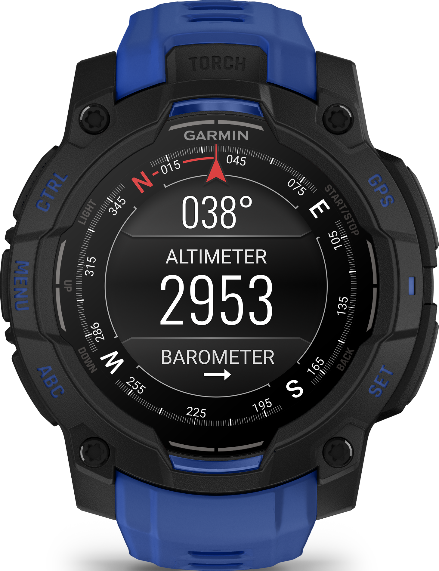 Montre Garmin noire affichant boussole, altimètre (2953) et baromètre. Accents bleus sur bracelet et boutons.