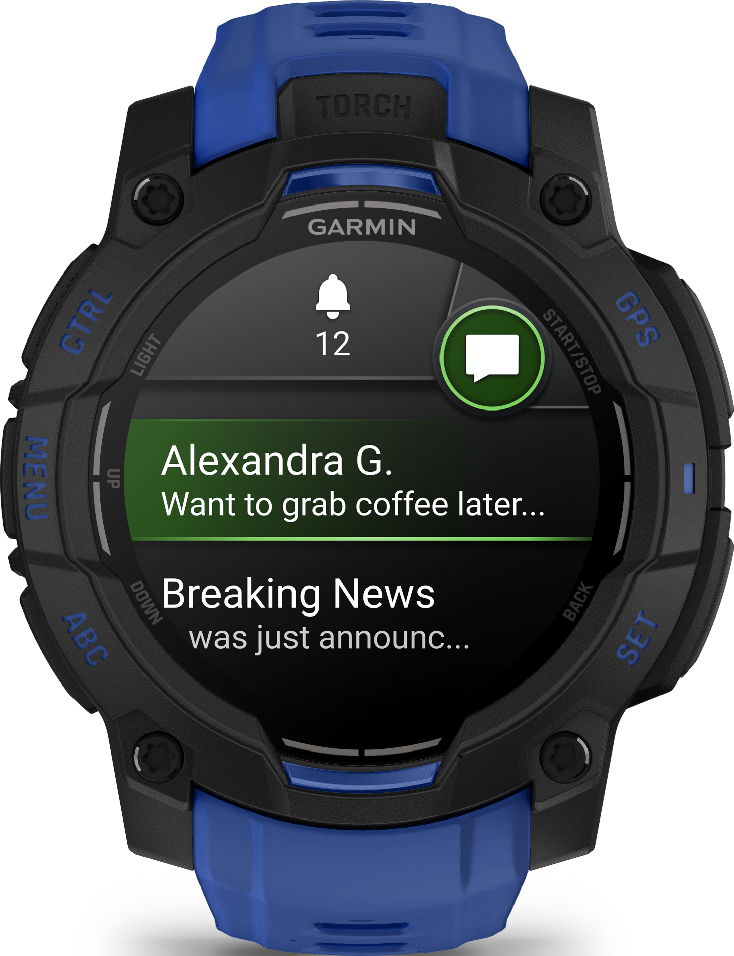 Montre connectée noire avec bracelet bleu affichant des messages : 'Alexandra G. Tu veux prendre un café plus tard...'