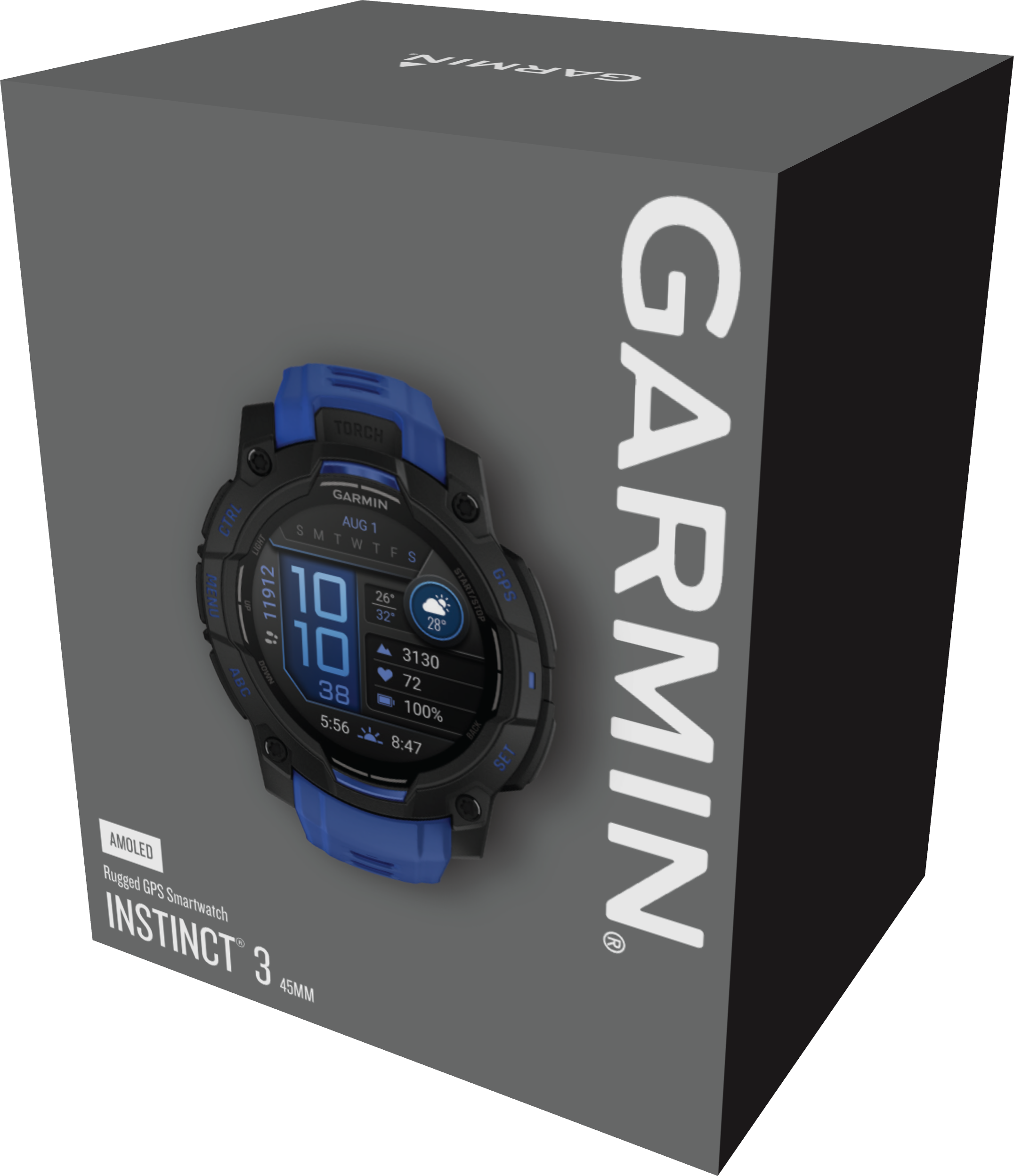 Une smartwatch Garmin Instinct 3 dans une boîte. La montre a un bracelet bleu. La boîte est grise avec du texte blanc.