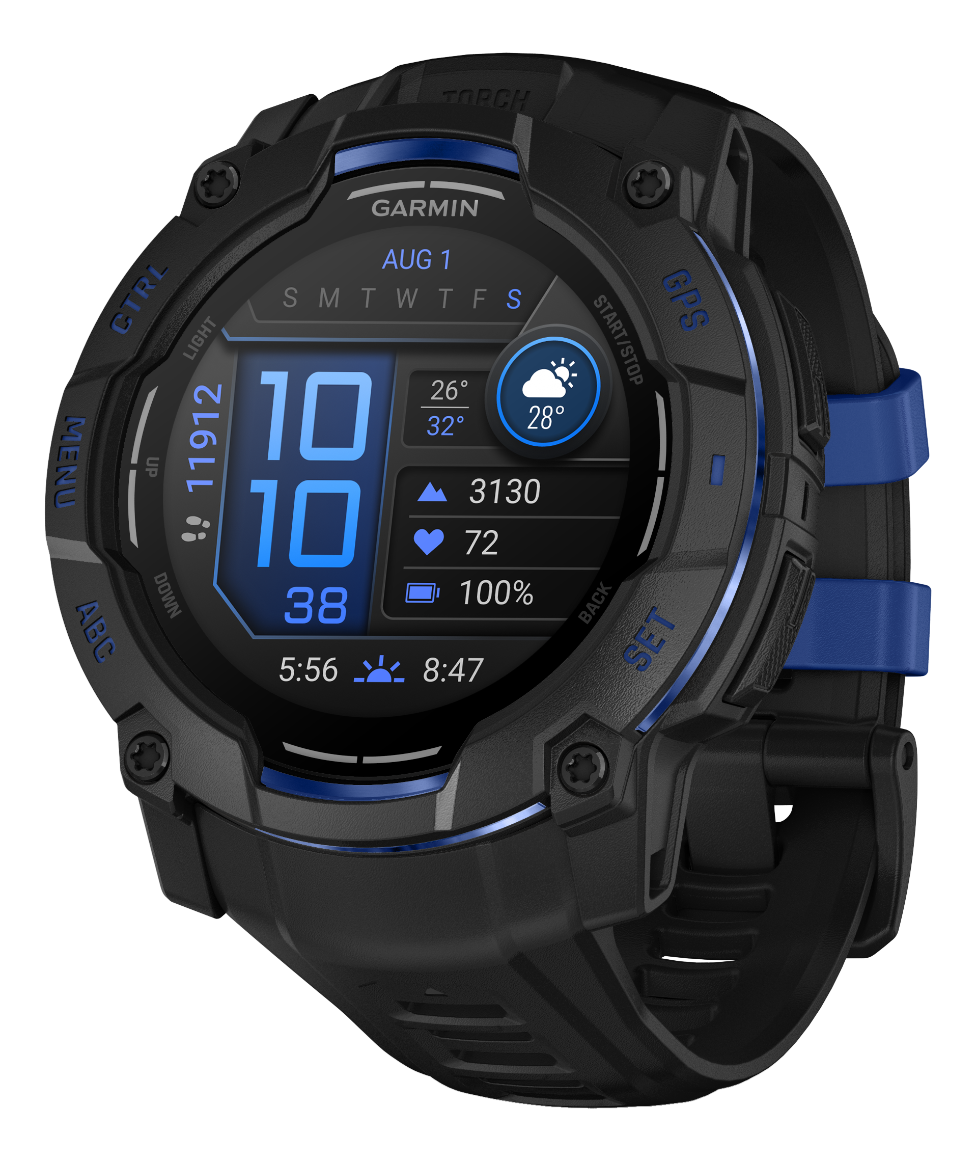 Une montre Garmin noire avec un bracelet bleu. L'écran affiche l'heure, la date, les pas, la fréquence cardiaque et la météo.