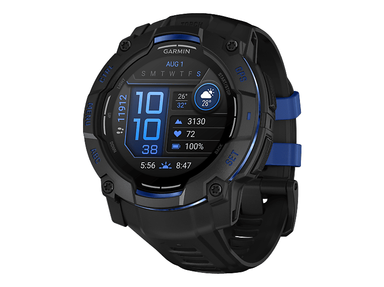 GARMIN Instinct 3 AMOLED (50 mm) - SUPERNOVA Edition Multisport-Smartwatch Faserverstärktes Polymer Silikon, 141-213 mm, Schwarz/Bolt Blue