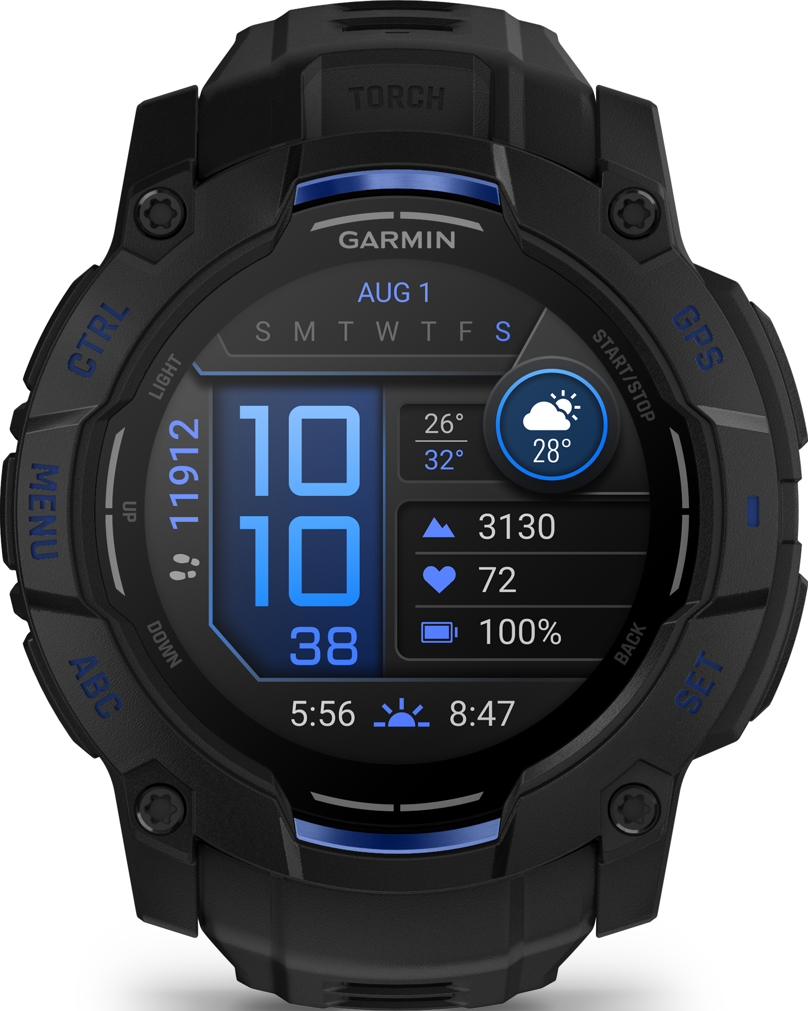 Une montre intelligente Garmin noire affiche l'heure, la date, la météo, les pas et la fréquence cardiaque. Elle a des accents bleus et des boutons.