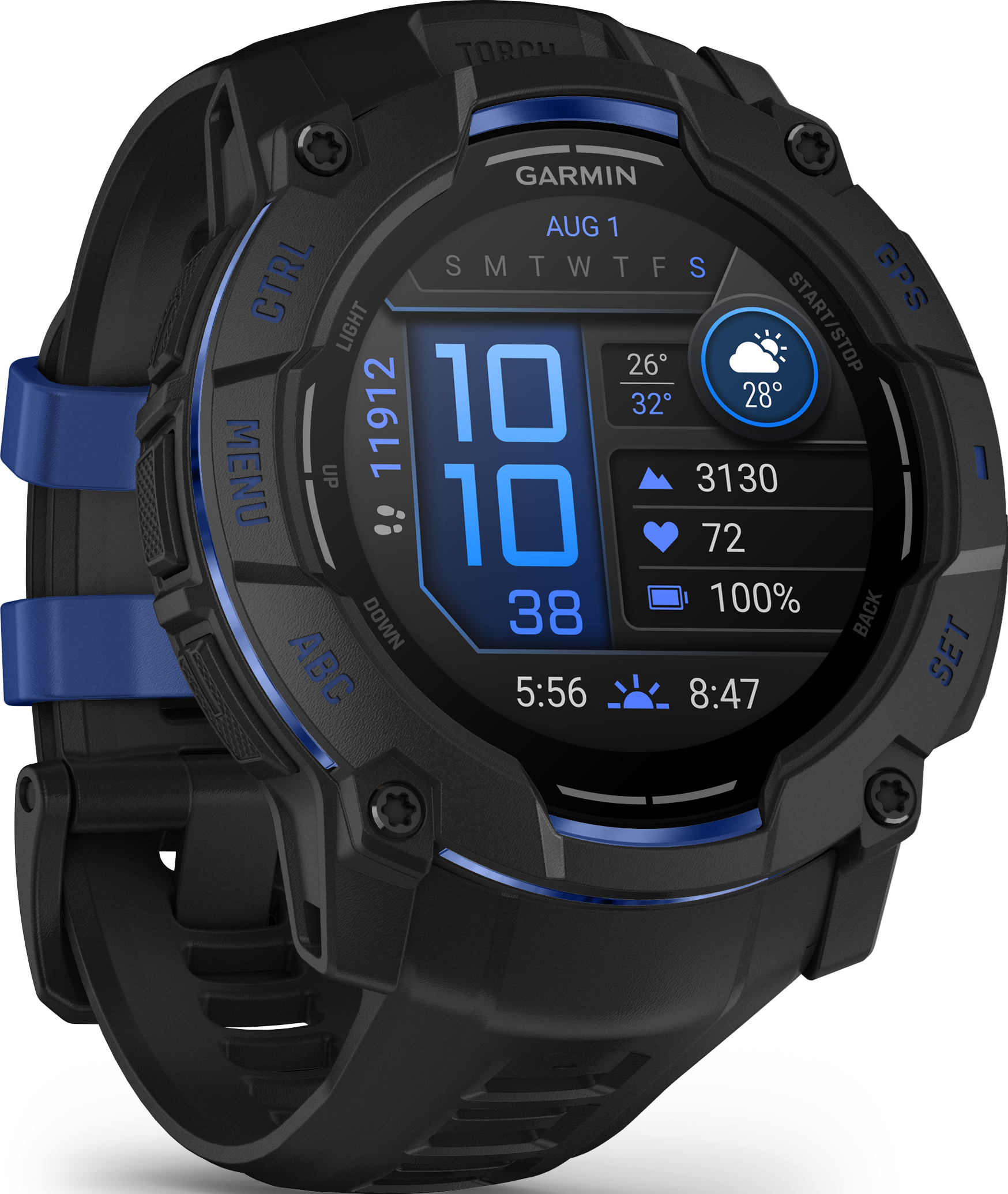 Une montre connectée Garmin noire avec des accents bleus. L'écran affiche l'heure, la météo, les pas, la fréquence cardiaque et la batterie.