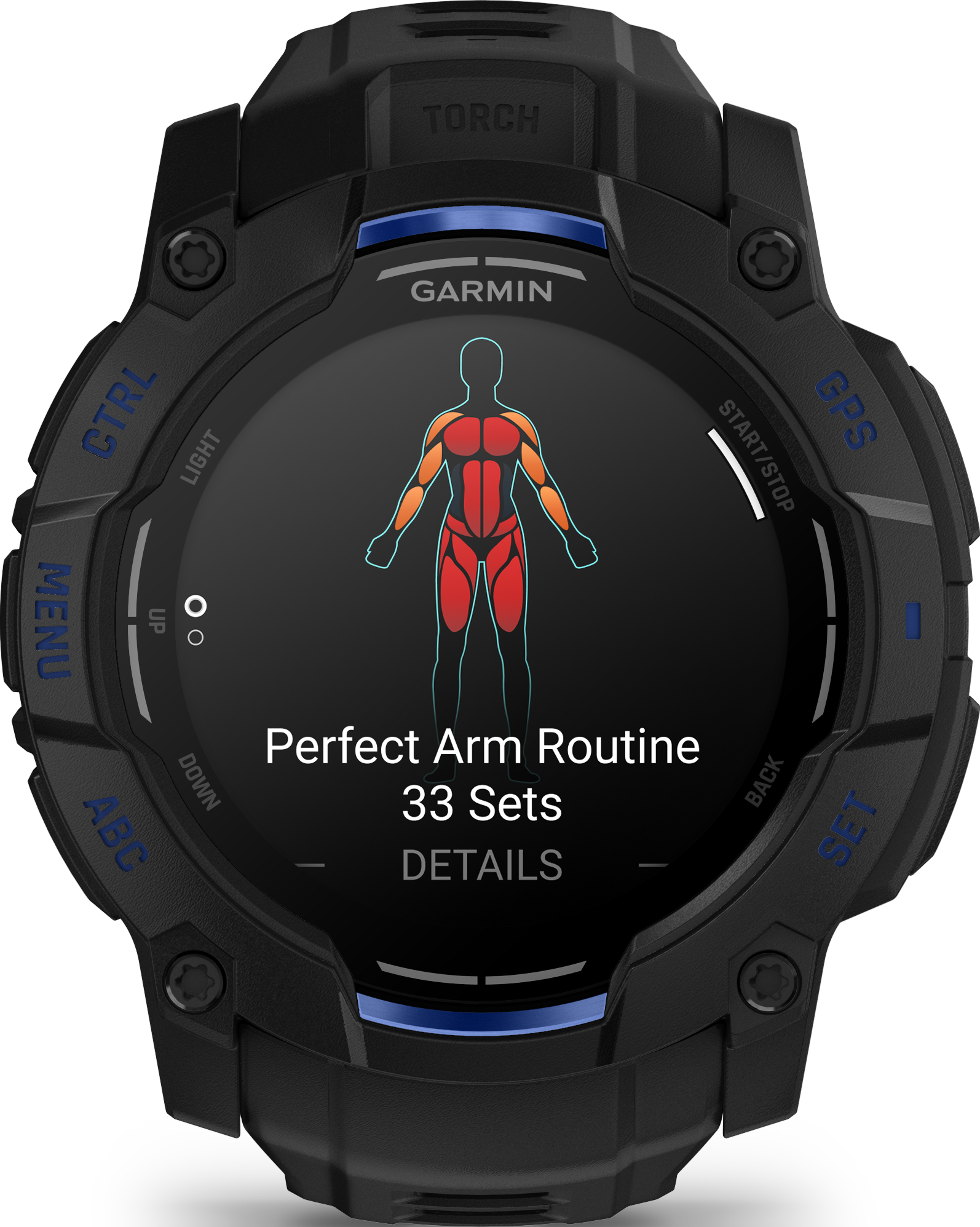 Montre Garmin noire affichant un écran d'entraînement avec un schéma corporel. L'écran affiche 'Perfect Arm Routine' et '33 Sets'.