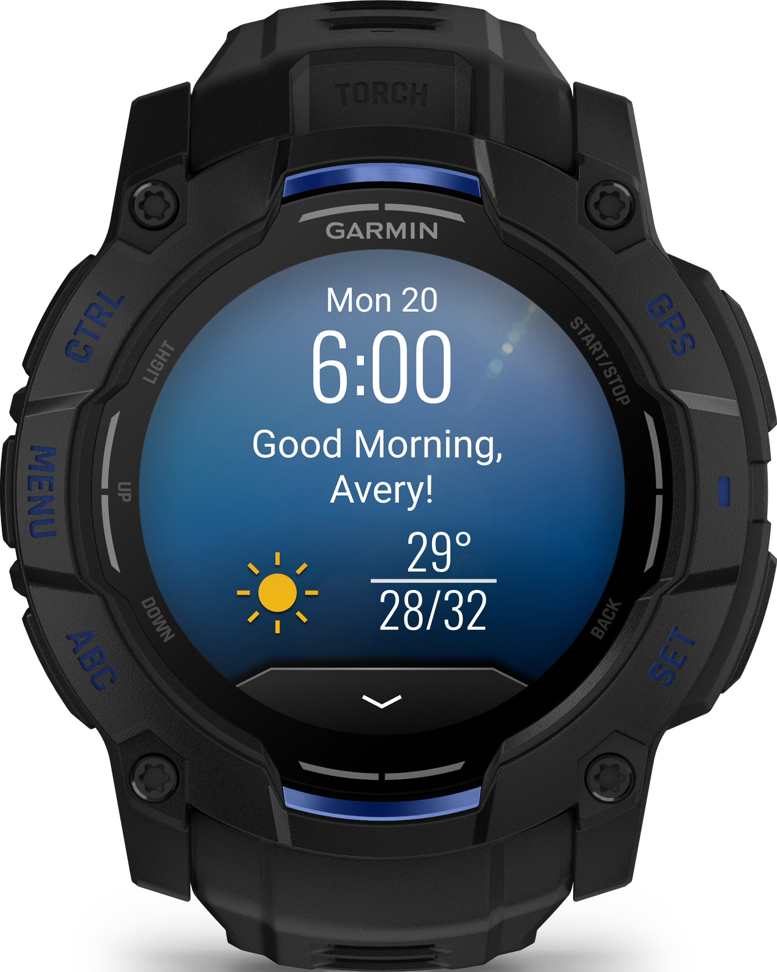 Une montre Garmin noire affiche 6h00, des infos météo, et 'Bonjour, Avery !'