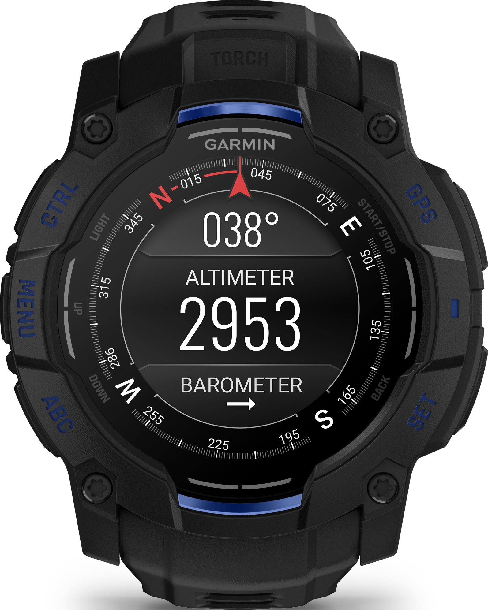 Montre Garmin noire avec boussole, altimètre (2953) et baromètre. Affiche 038 degrés. Accents bleus et fond noir.