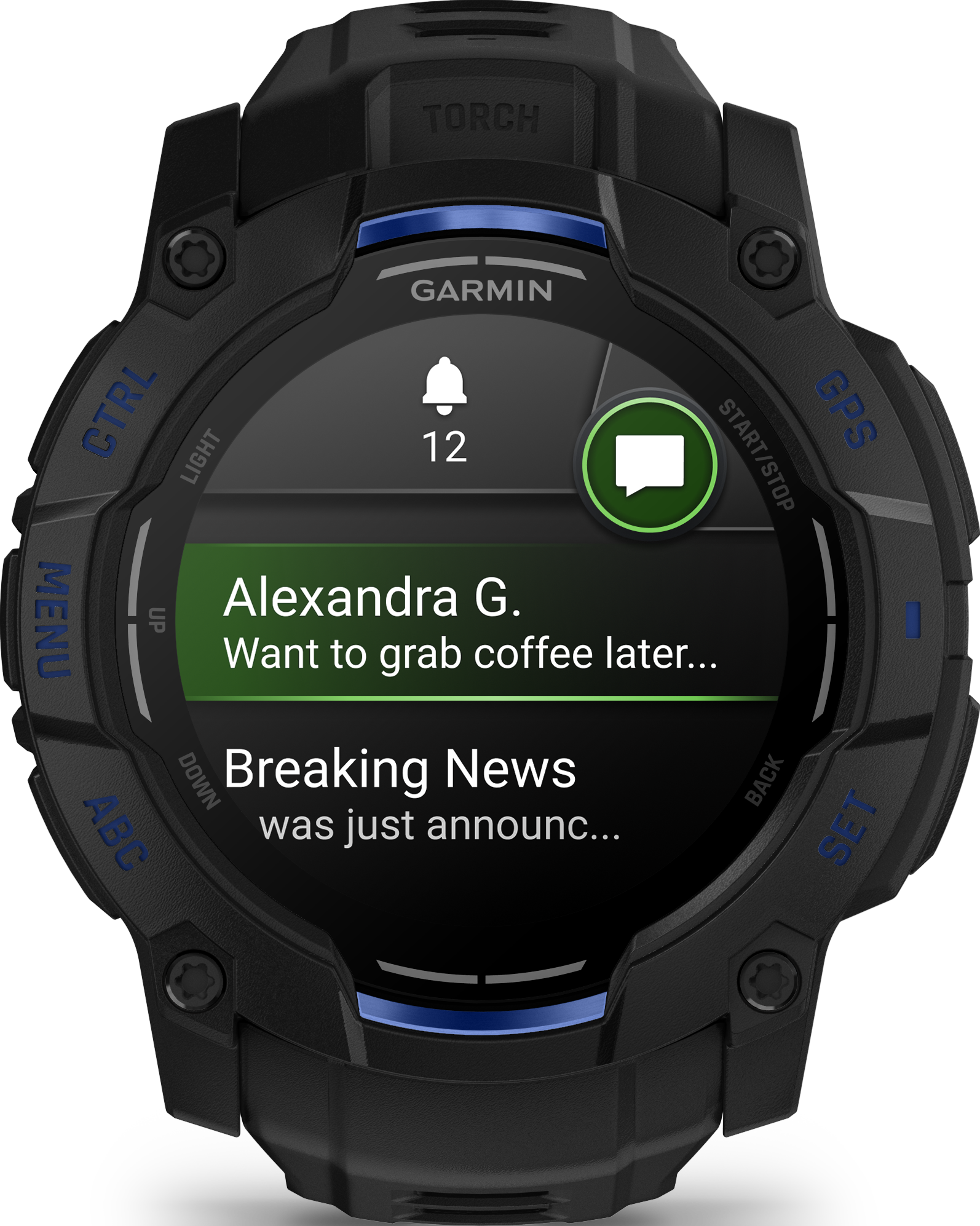 Une montre connectée Garmin affiche des notifications : un message d'Alexandra et des informations urgentes. La montre est noire avec des touches de bleu.