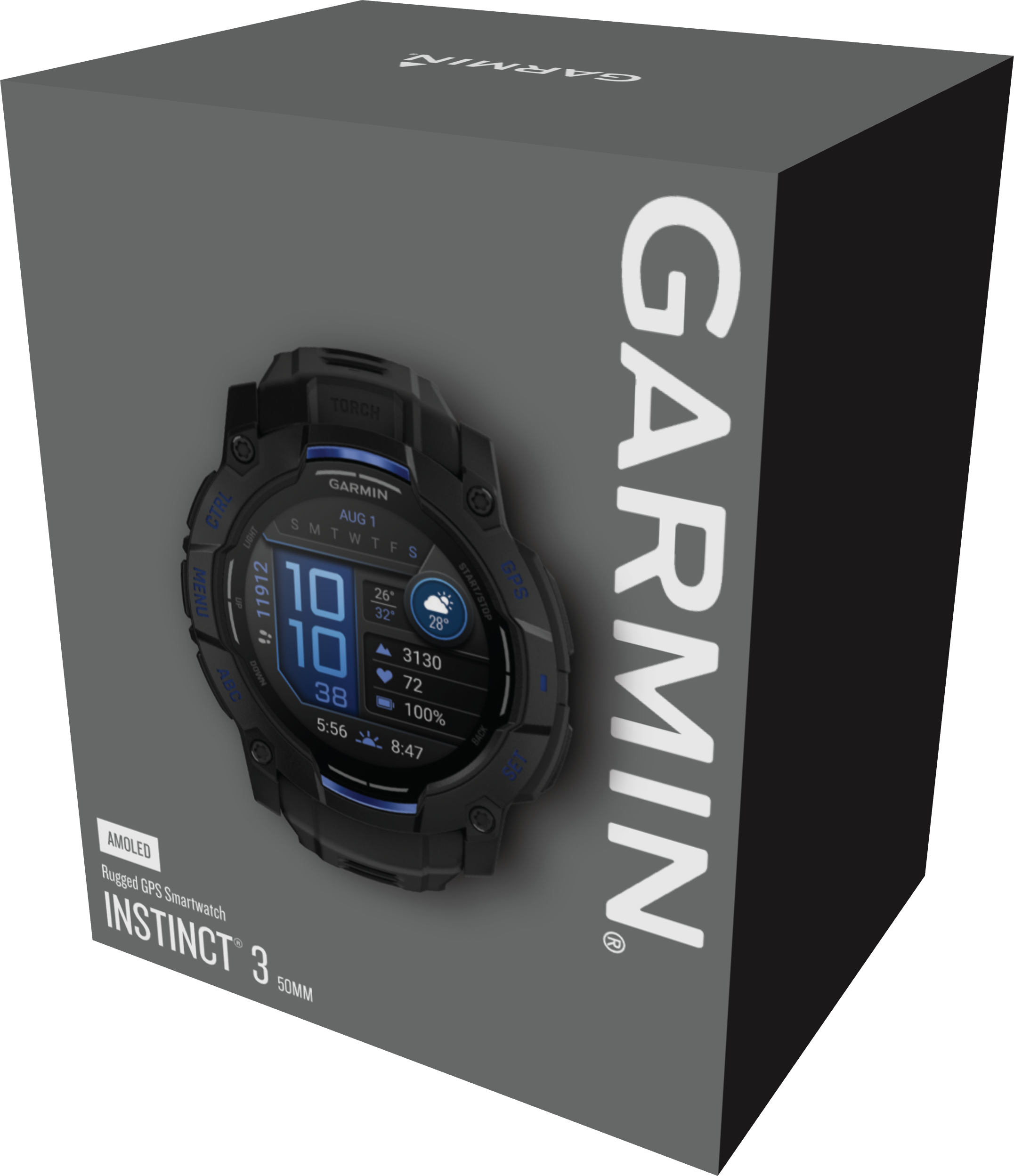 Une montre Garmin Instinct 3 sur une boîte. La montre affiche l'heure et des données. La boîte a le logo Garmin.