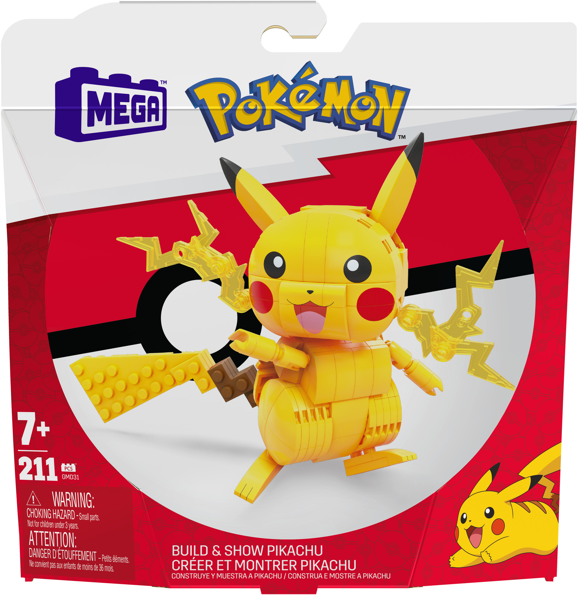 Verpacktes Pikachu-Bauset. Gelbe Pikachu-Figur mit Blitz. Roter und weißer Hintergrund. Mega- und Pokemon-Logos.