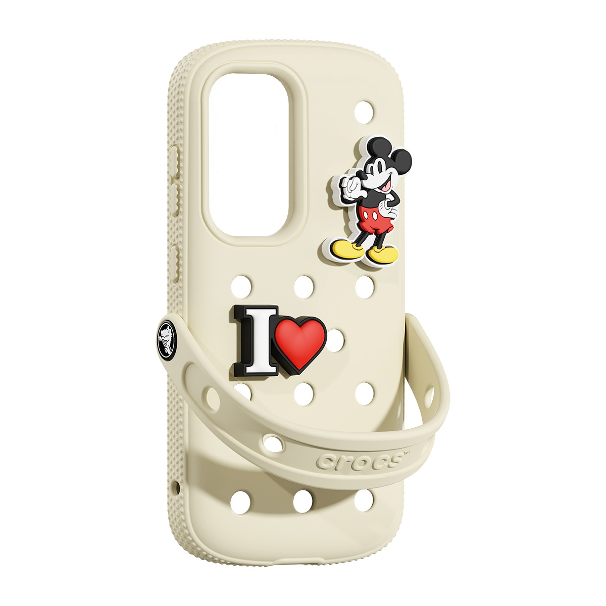 Mickey Mouse, I love kalp tılsımı ve Crocs markası bulunan bej bir telefon kılıfı. Bir kayışı ve delikleri var.