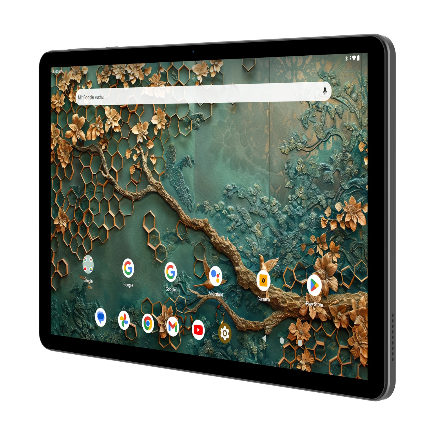 Tablet con sfondo floreale. Lo schermo mostra una barra di ricerca e icone di app. App Google e altre sono visibili.