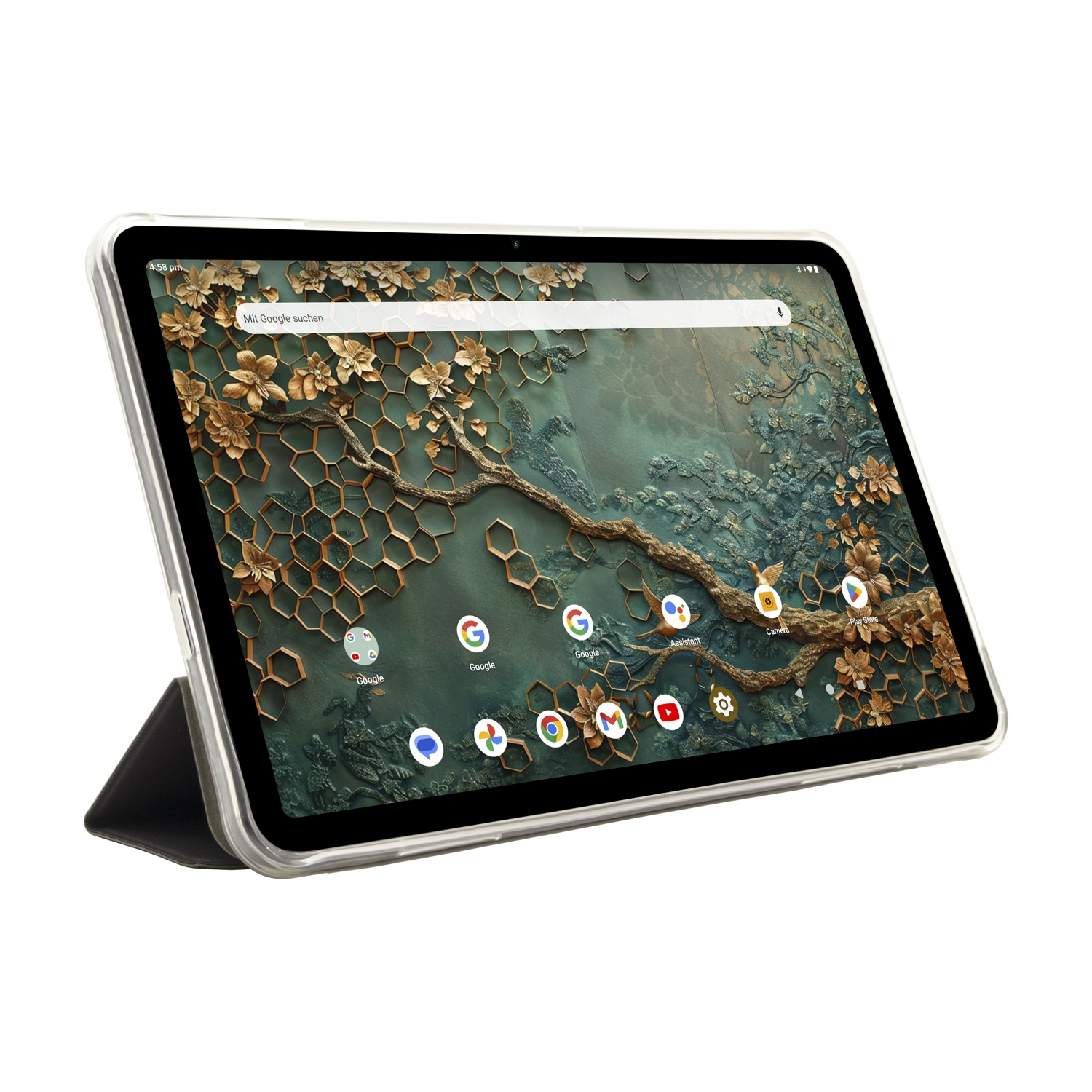 Un tablet con sfondo floreale è appoggiato. Lo schermo mostra le app. Sono visibili una custodia protettiva e un supporto.
