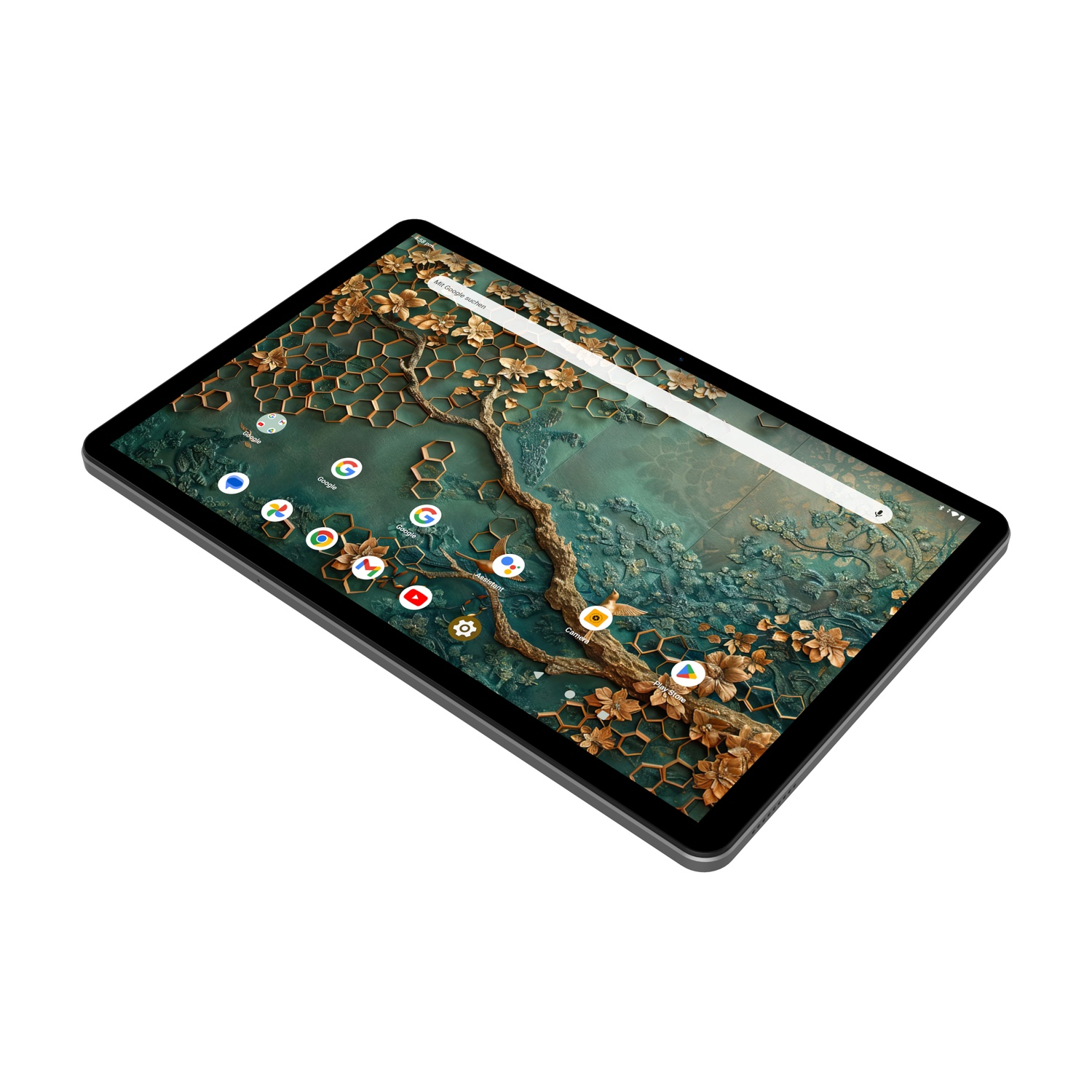 Un tablet visualizza uno sfondo a tema natura. Sono visibili le icone delle app. Il tablet è su sfondo bianco.