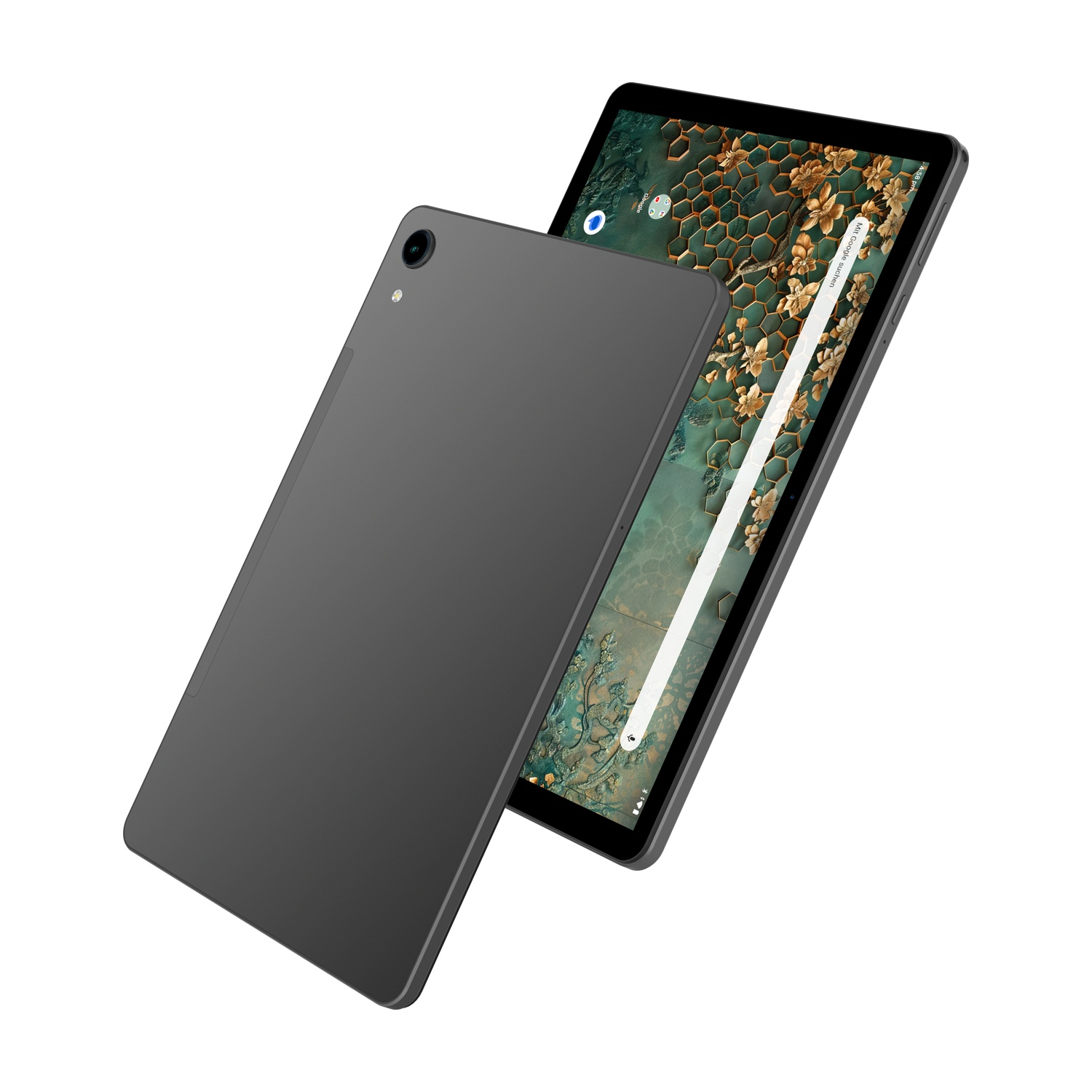 Due tablet grigi, uno inclinato, con schermo con sfondo floreale. Visibile il retro dell'altro tablet.