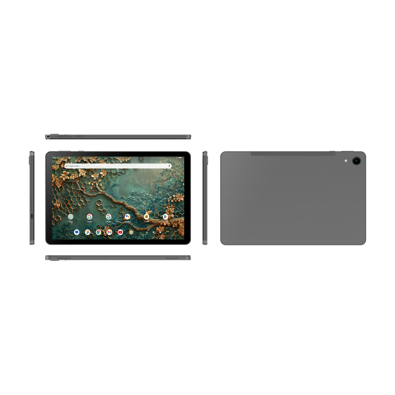 Un tablet grigio è mostrato da più angolazioni. Lo schermo mostra uno sfondo a tema natura. Il retro ha una fotocamera.