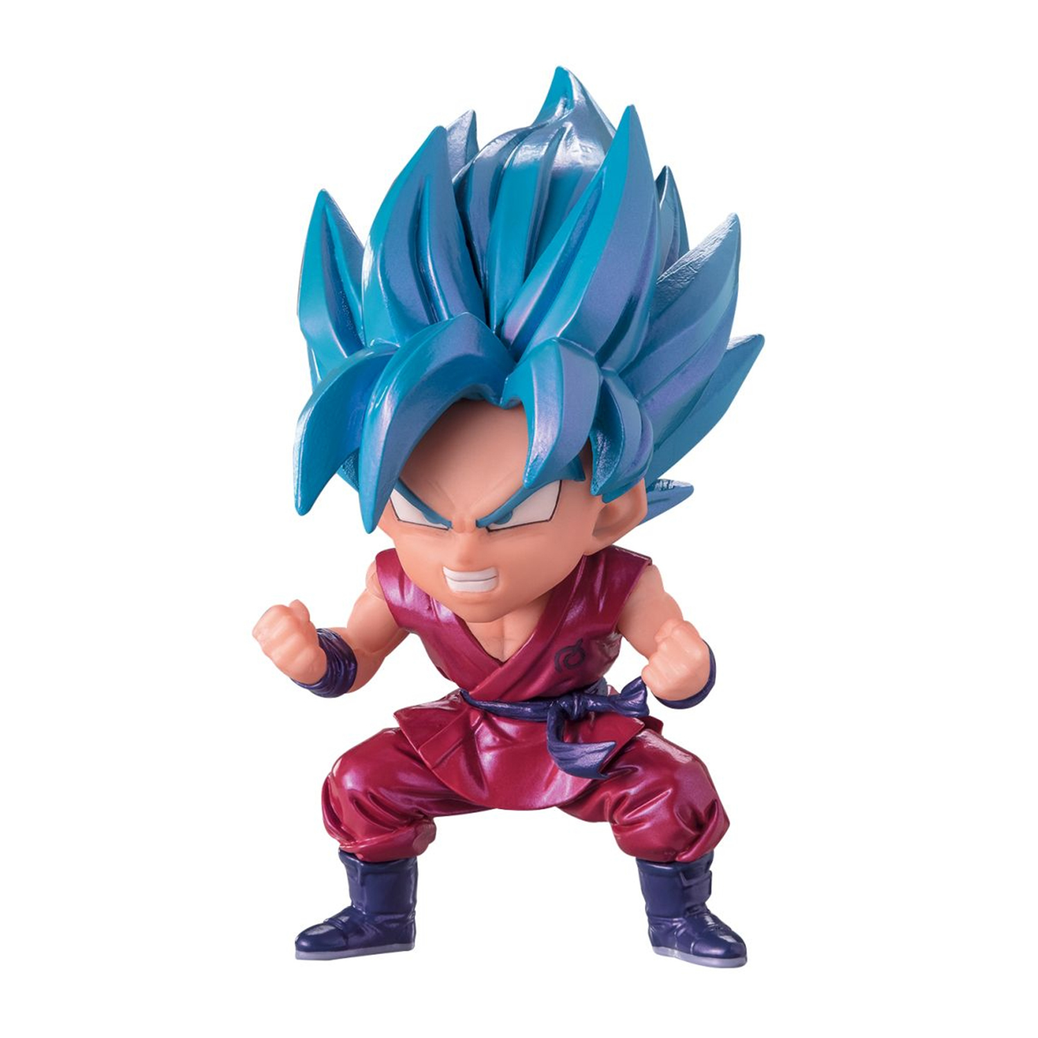 Una statuetta di Goku in posa da combattimento. Ha capelli blu a punta, gi rosso e stivali blu scuro. Lo sfondo è bianco.