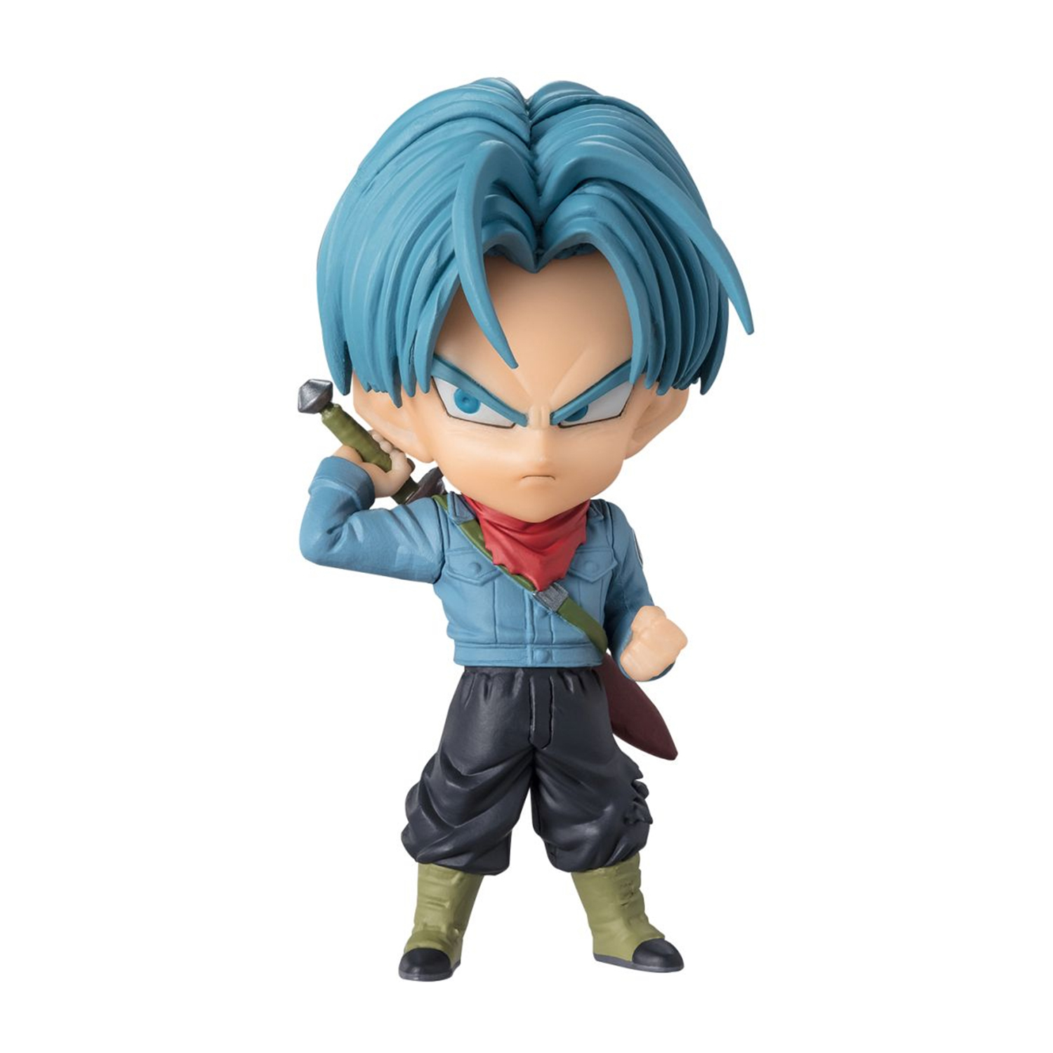 Una figura in stile chibi di Trunks in piedi, con una spada. Indossa una giacca blu, una sciarpa rossa, pantaloni neri e stivali verdi. Ha i capelli blu.
