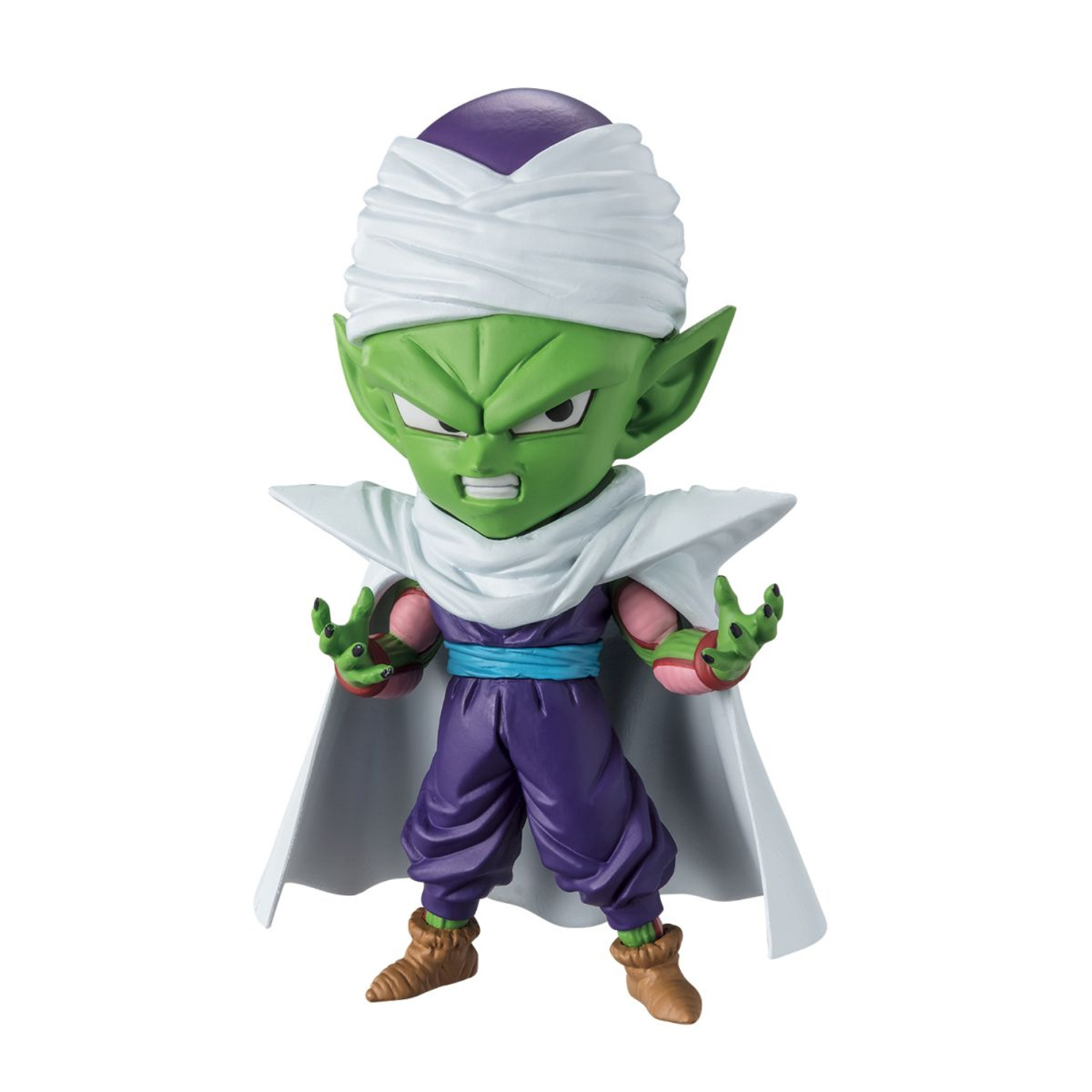 Una statuetta di Piccolo in piedi con espressione arrabbiata. Ha la pelle verde, vestiti viola e un turbante e un mantello bianchi. Stivali marroni.