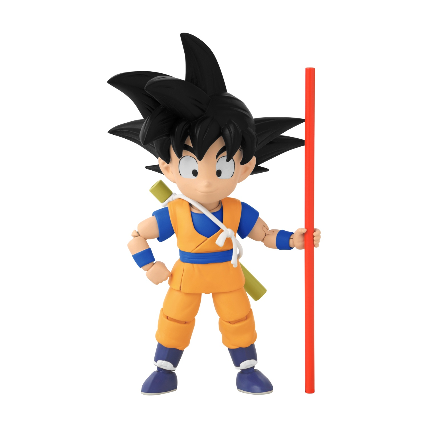 Una action figure di Goku con un bastone rosso. Indossa pantaloni arancioni, una maglia blu, capelli neri e un tubo verde sulla schiena.
