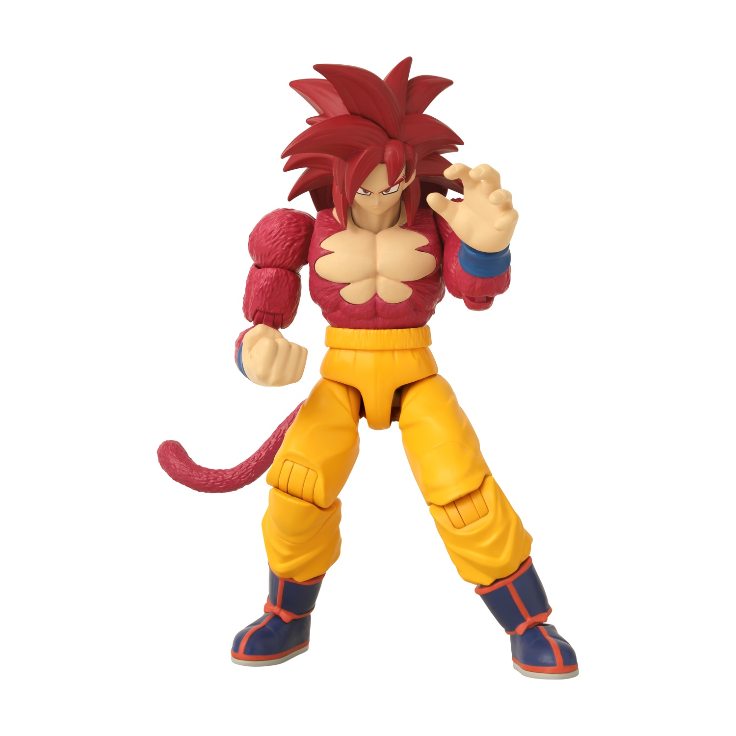 Un action figure di Dragon Ball Z di Goku. Ha capelli rossi a punta, petto rosso peloso, pantaloni gialli e stivali blu. È in posa da combattimento.