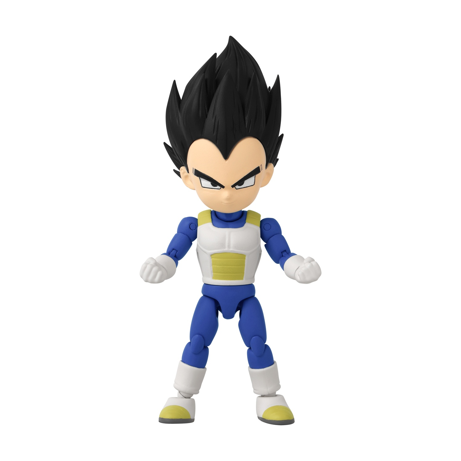 Statuetta di Vegeta con capelli neri a punta, armatura blu e bianca, in piedi su sfondo bianco, mani aperte.
