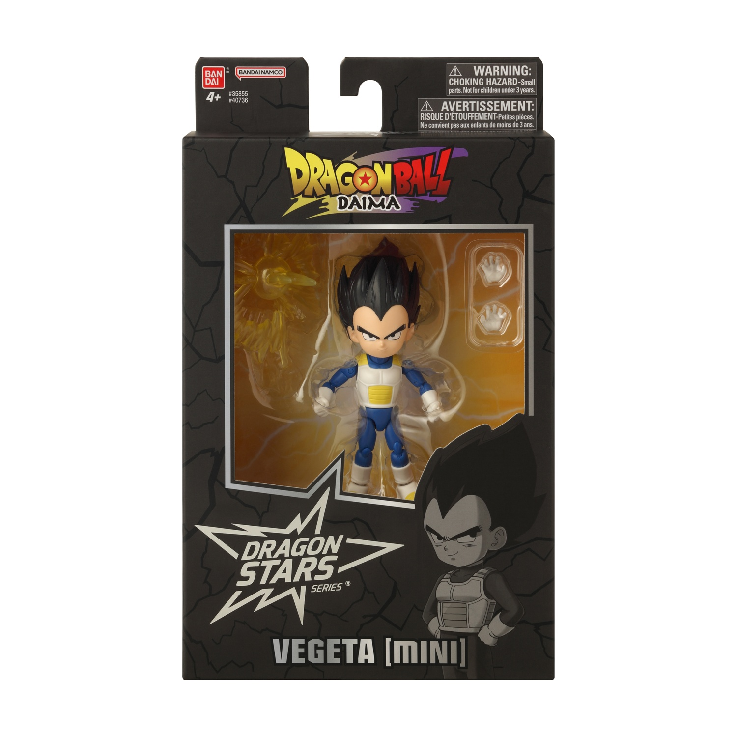 Un action figure di Vegeta in una scatola. La scatola ha il marchio Dragon Ball Daima. La figura è blu e bianca con capelli neri.