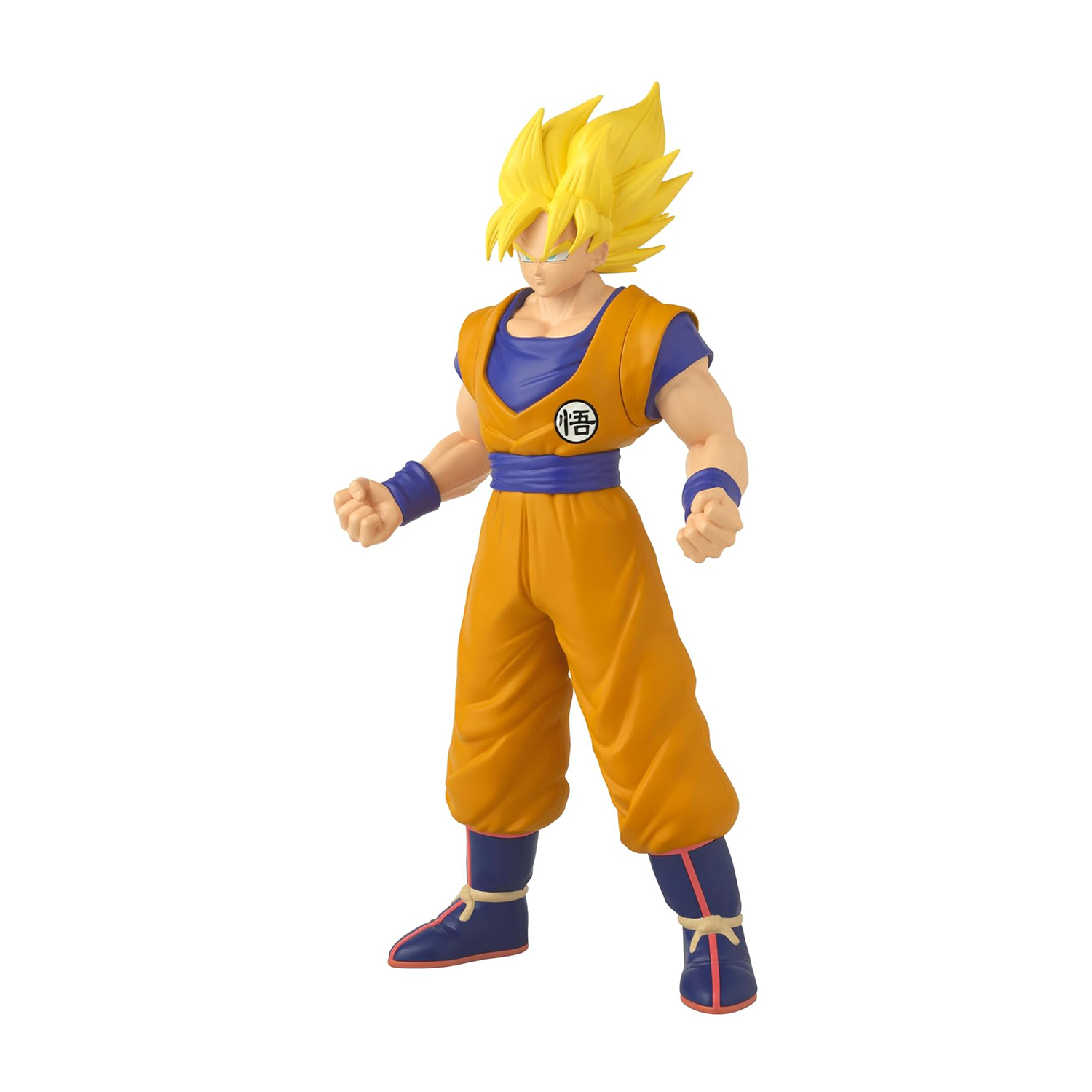 Una figura di Goku in piedi, indossa pantaloni e top arancioni con una maglia intima e polsini blu. Ha i capelli gialli a punta e sta posando.