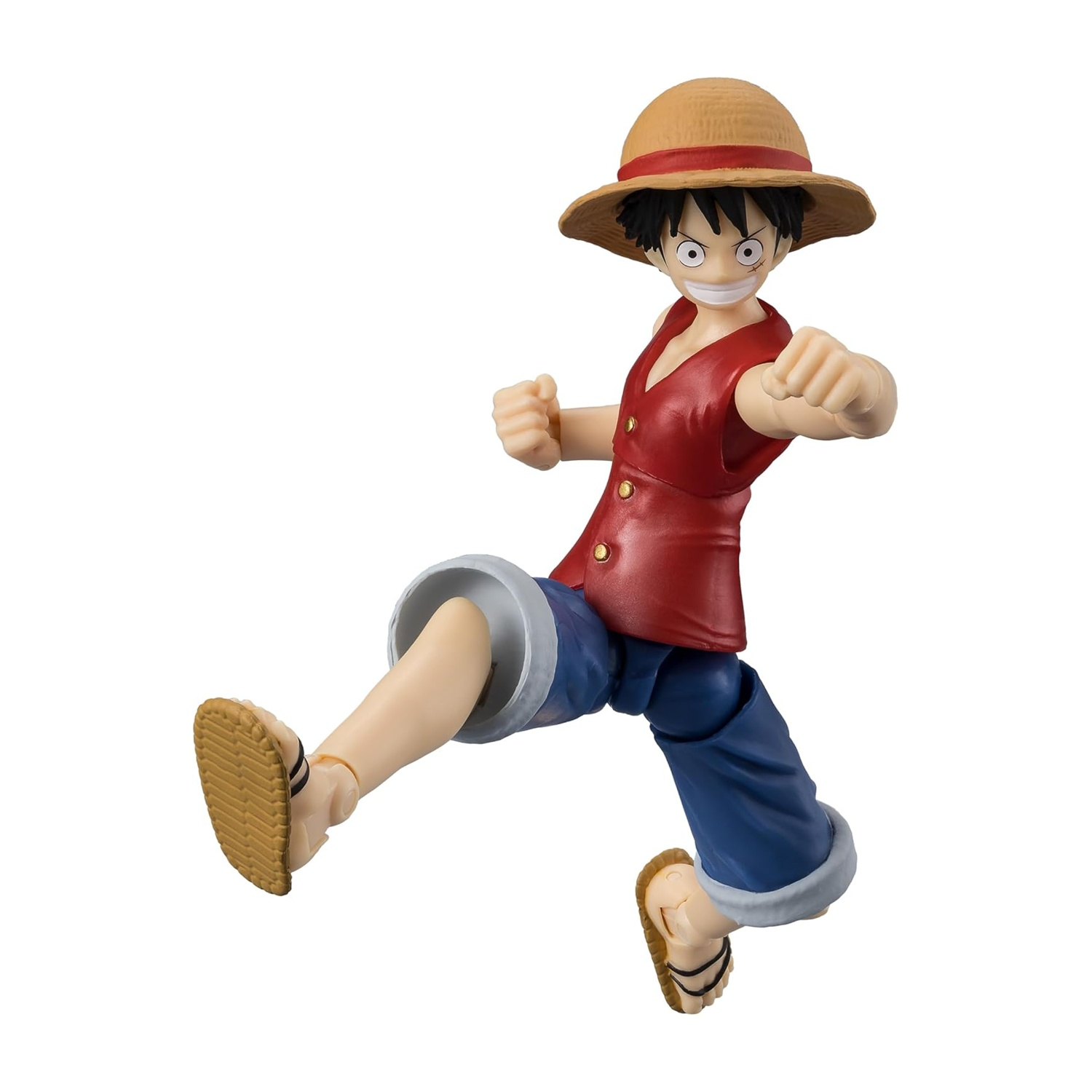 Una statuetta di Luffy in posa da combattimento. Indossa un cappello di paglia, un gilet rosso, pantaloncini blu e sandali. Lo sfondo è bianco.